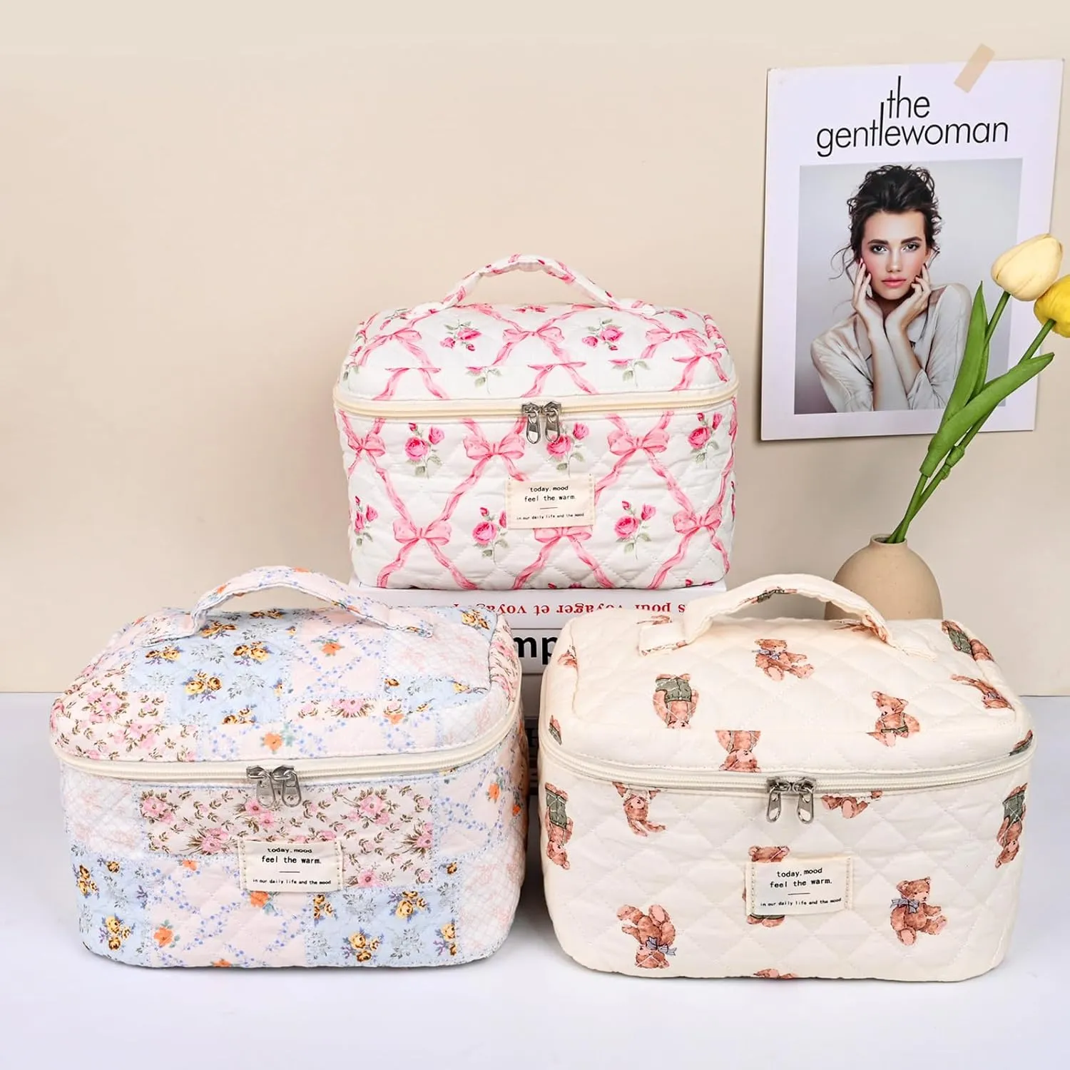 Quilted Makeup Bag,Large Cosmetics Bag Set,Cotton Coquette Floral Make up Pouch,Travel Toiletry Bag for Women