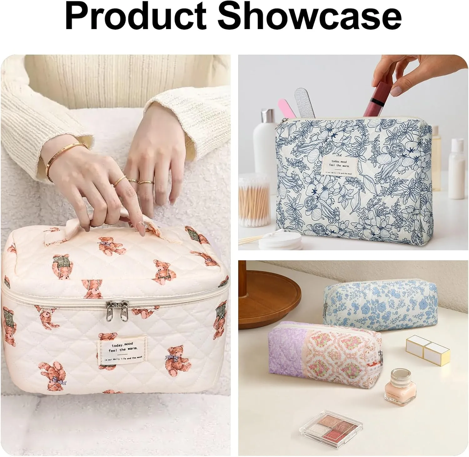 Quilted Makeup Bag,Large Cosmetics Bag Set,Cotton Coquette Floral Make up Pouch,Travel Toiletry Bag for Women