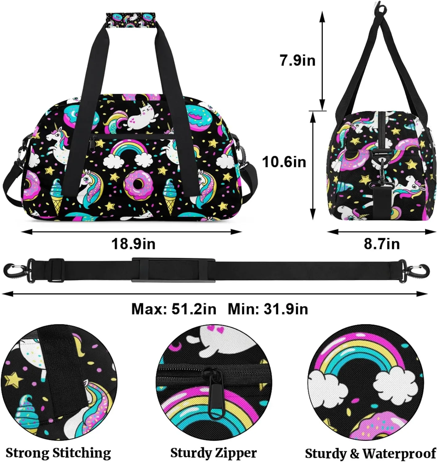 Rainbow Unicorns 18 inch Small Gym Bag for Women and Men, Lightweight Carry On Weekender Bag Mini Duffel Bag for Travel Sports Workout