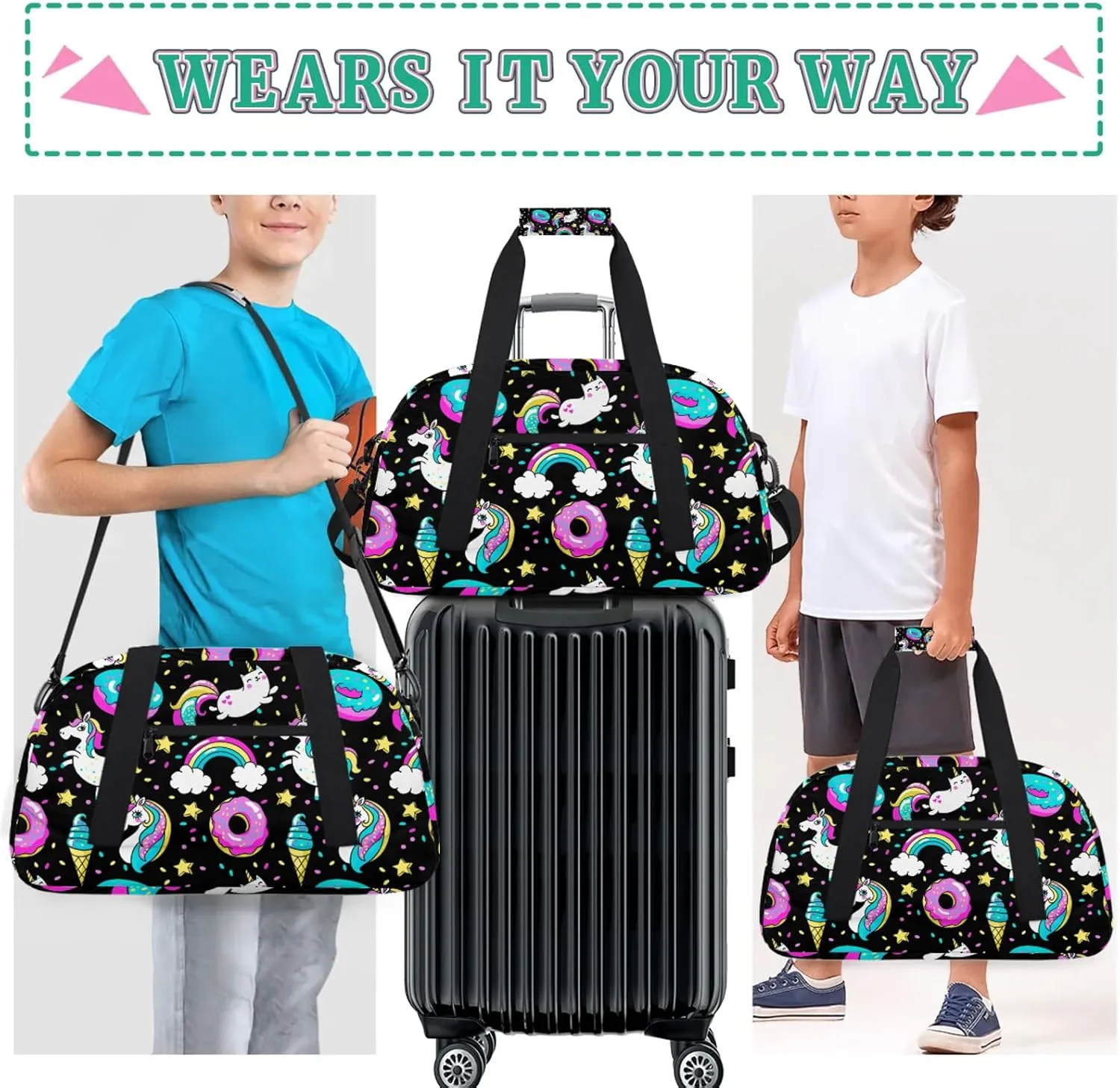 Rainbow Unicorns 18 inch Small Gym Bag for Women and Men, Lightweight Carry On Weekender Bag Mini Duffel Bag for Travel Sports Workout