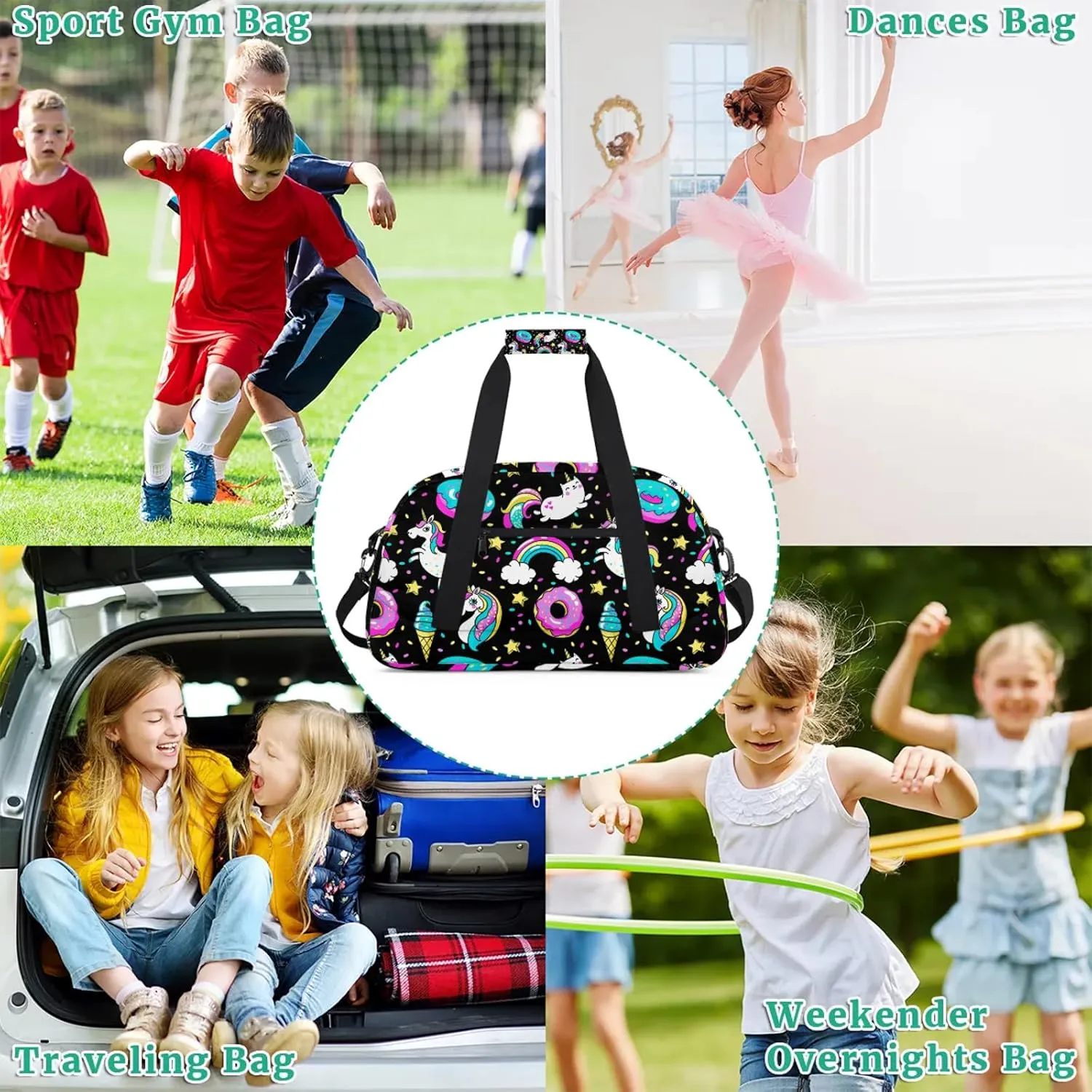 Rainbow Unicorns 18 inch Small Gym Bag for Women and Men, Lightweight Carry On Weekender Bag Mini Duffel Bag for Travel Sports Workout