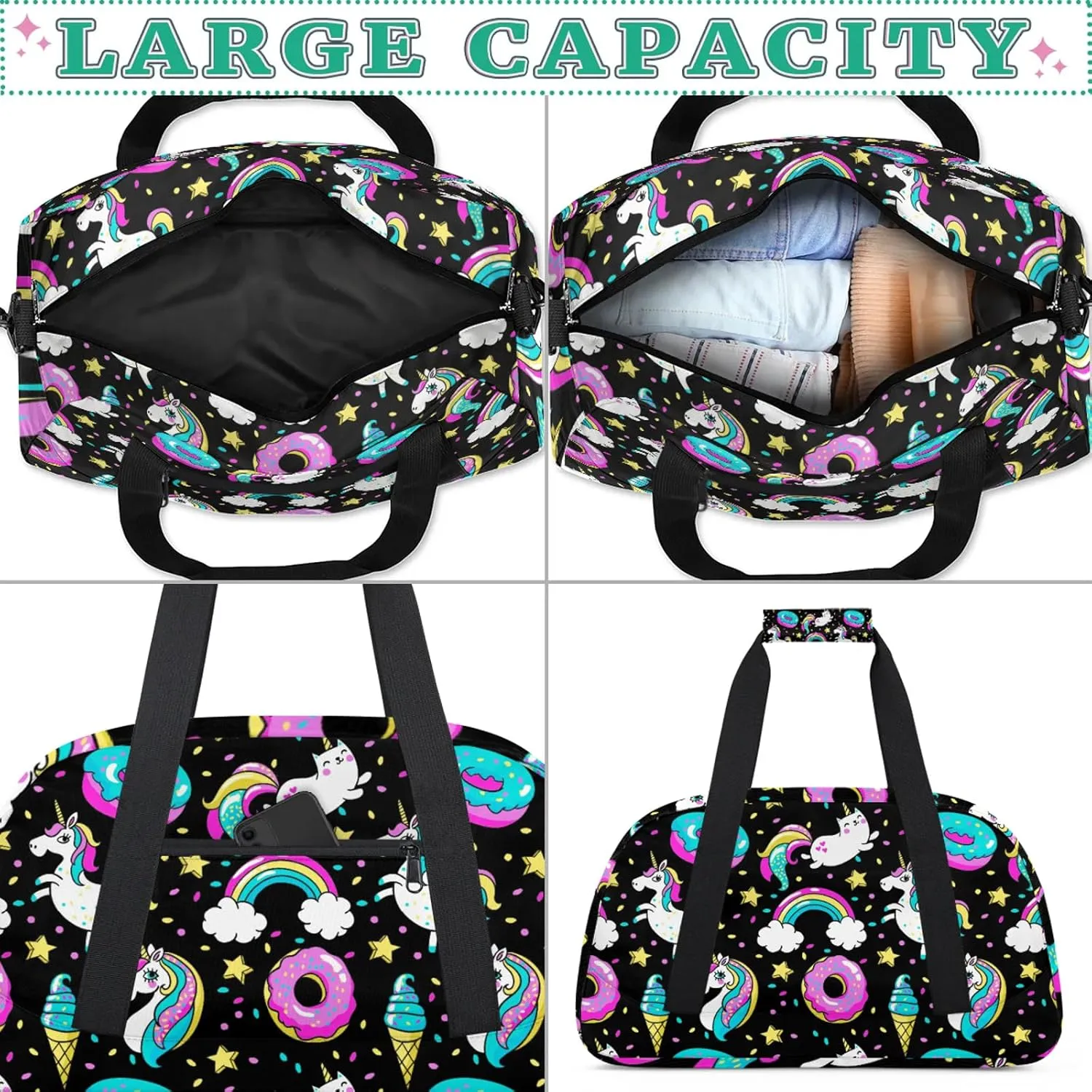 Rainbow Unicorns 18 inch Small Gym Bag for Women and Men, Lightweight Carry On Weekender Bag Mini Duffel Bag for Travel Sports Workout