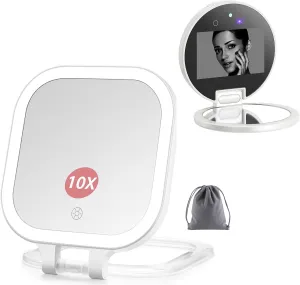 Rechargeable Travel Makeup Vanity Mirror with Lights and Magnification, Portable 10X/1X Magnifying Mirror with 3 Color Light, Lighted Makeup Mirror with Magnification, Desk LED Mirror