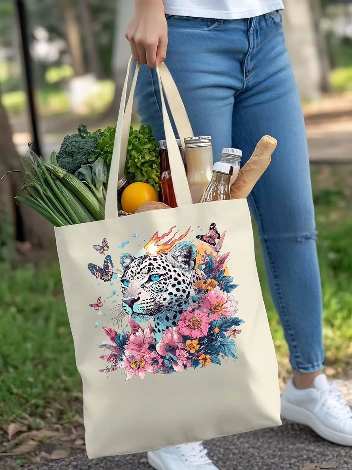 Retro Butterfly Flower Leopard Canvas Tote Bag, Aesthetic Canvas Tote Handbags for Women Shoulder Bag