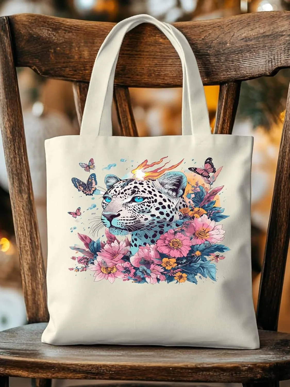 Retro Butterfly Flower Leopard Canvas Tote Bag, Aesthetic Canvas Tote Handbags for Women Shoulder Bag