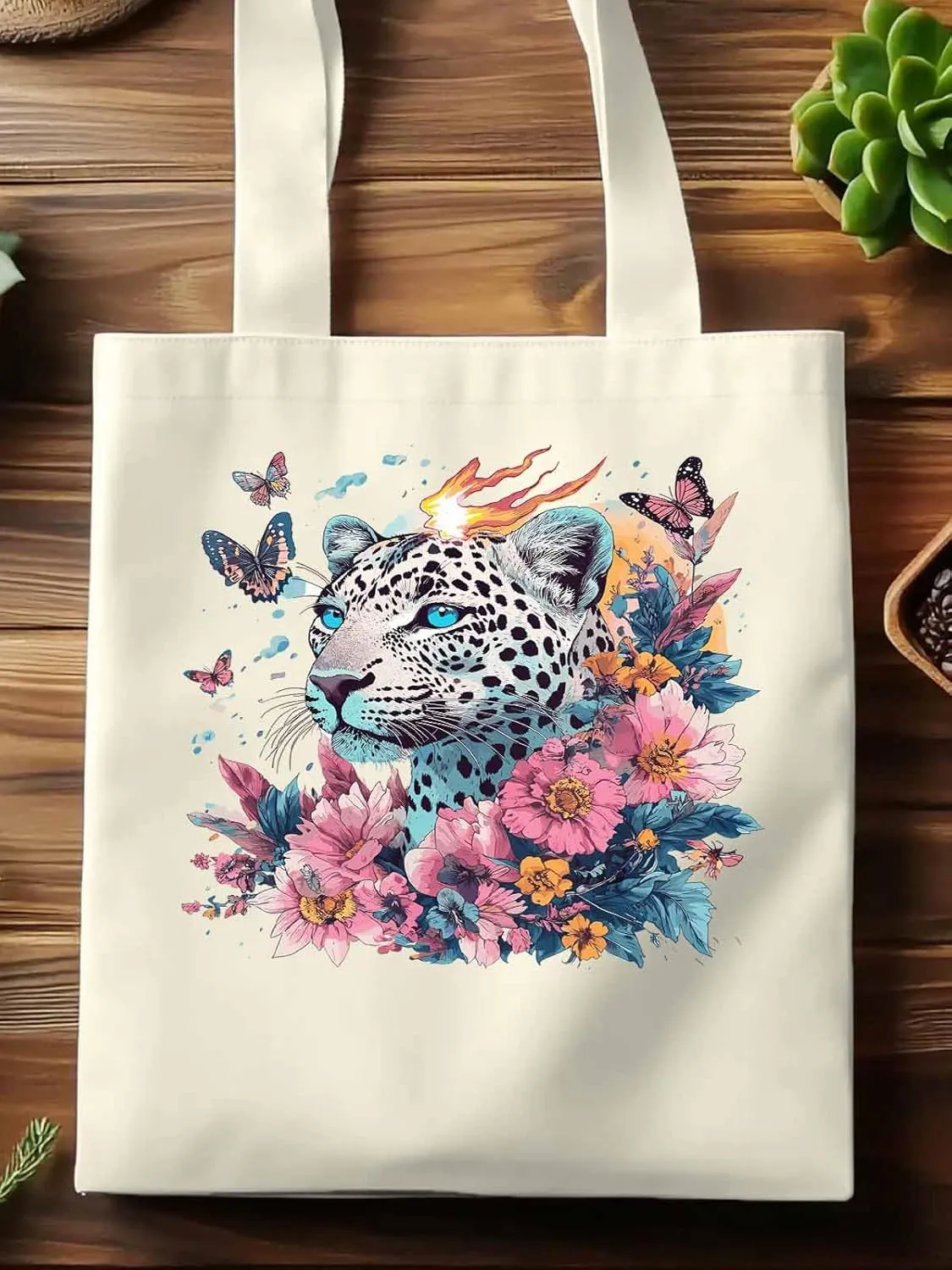 Retro Butterfly Flower Leopard Canvas Tote Bag, Aesthetic Canvas Tote Handbags for Women Shoulder Bag