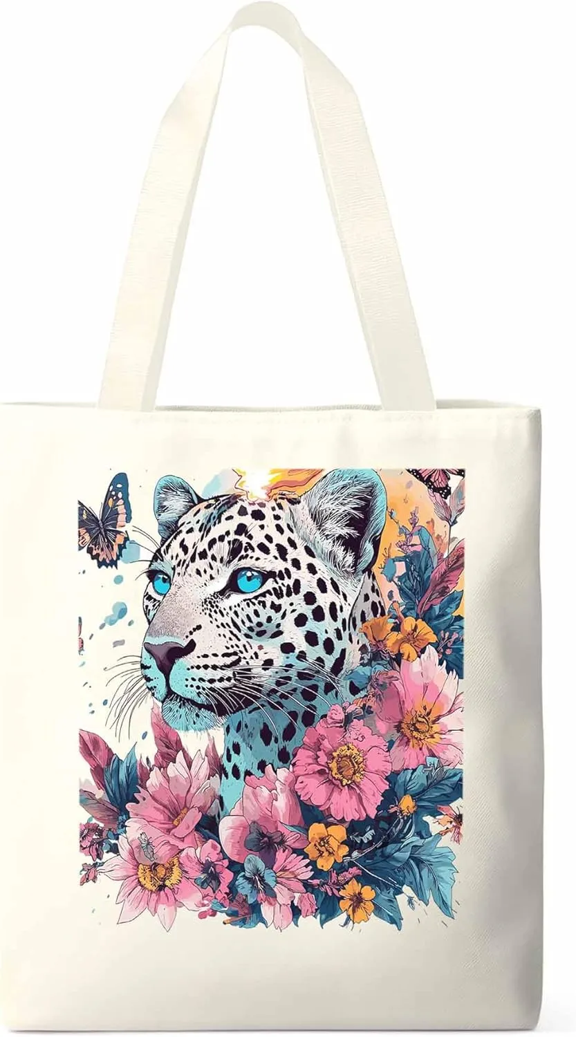 Retro Butterfly Flower Leopard Canvas Tote Bag, Aesthetic Canvas Tote Handbags for Women Shoulder Bag
