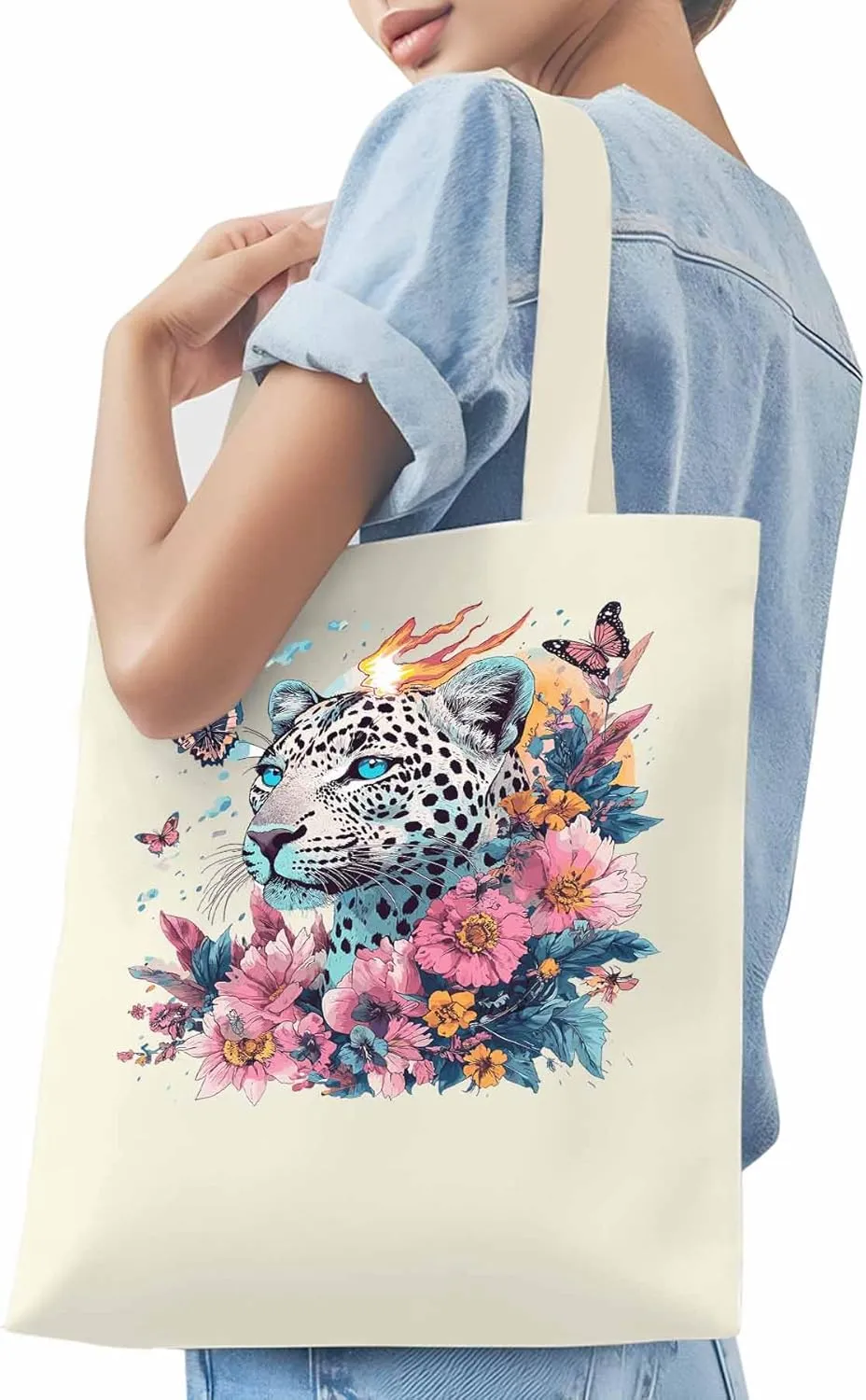 Retro Butterfly Flower Leopard Canvas Tote Bag, Aesthetic Canvas Tote Handbags for Women Shoulder Bag