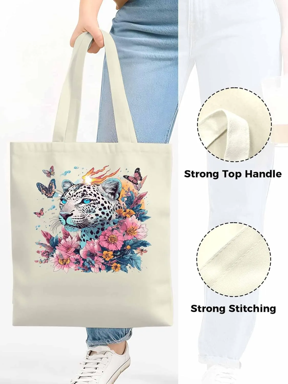 Retro Butterfly Flower Leopard Canvas Tote Bag, Aesthetic Canvas Tote Handbags for Women Shoulder Bag
