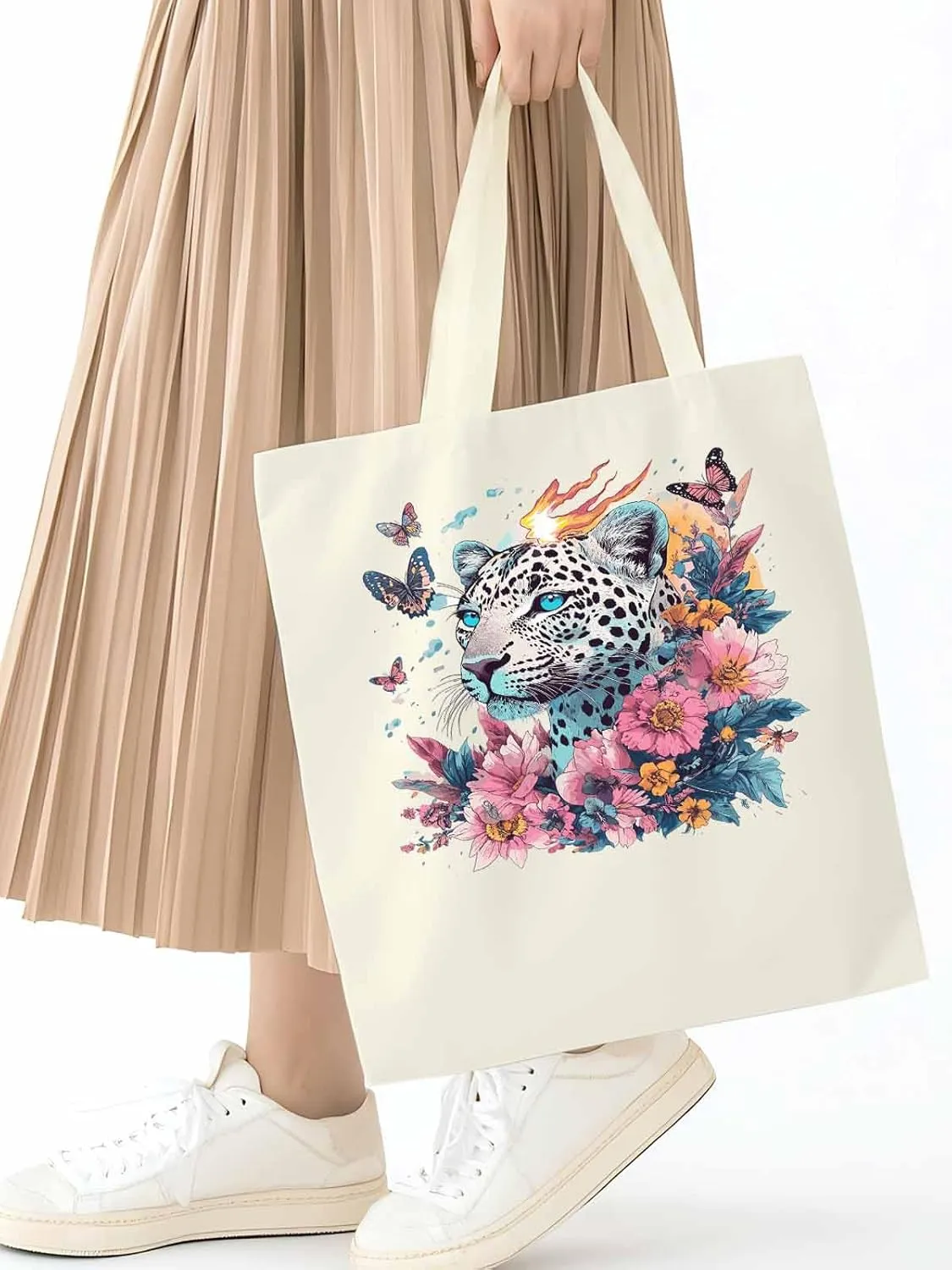 Retro Butterfly Flower Leopard Canvas Tote Bag, Aesthetic Canvas Tote Handbags for Women Shoulder Bag