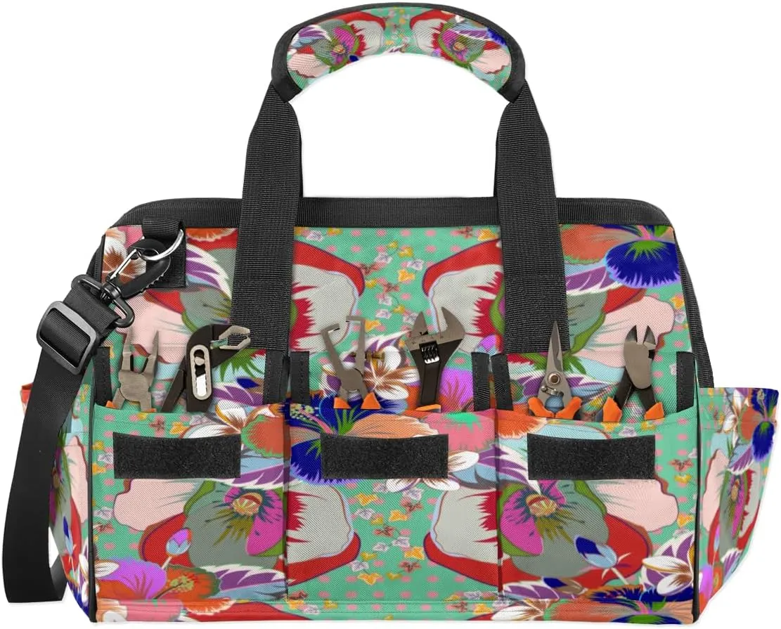 Retro Flower Ethnic Tool Bags 14.8 Inch Wide Mouth Tool Tote Bag with Handle and Adjustable Shoulder Strap Heavy Duty Tool Bag for Plumbers Electricians Handymen