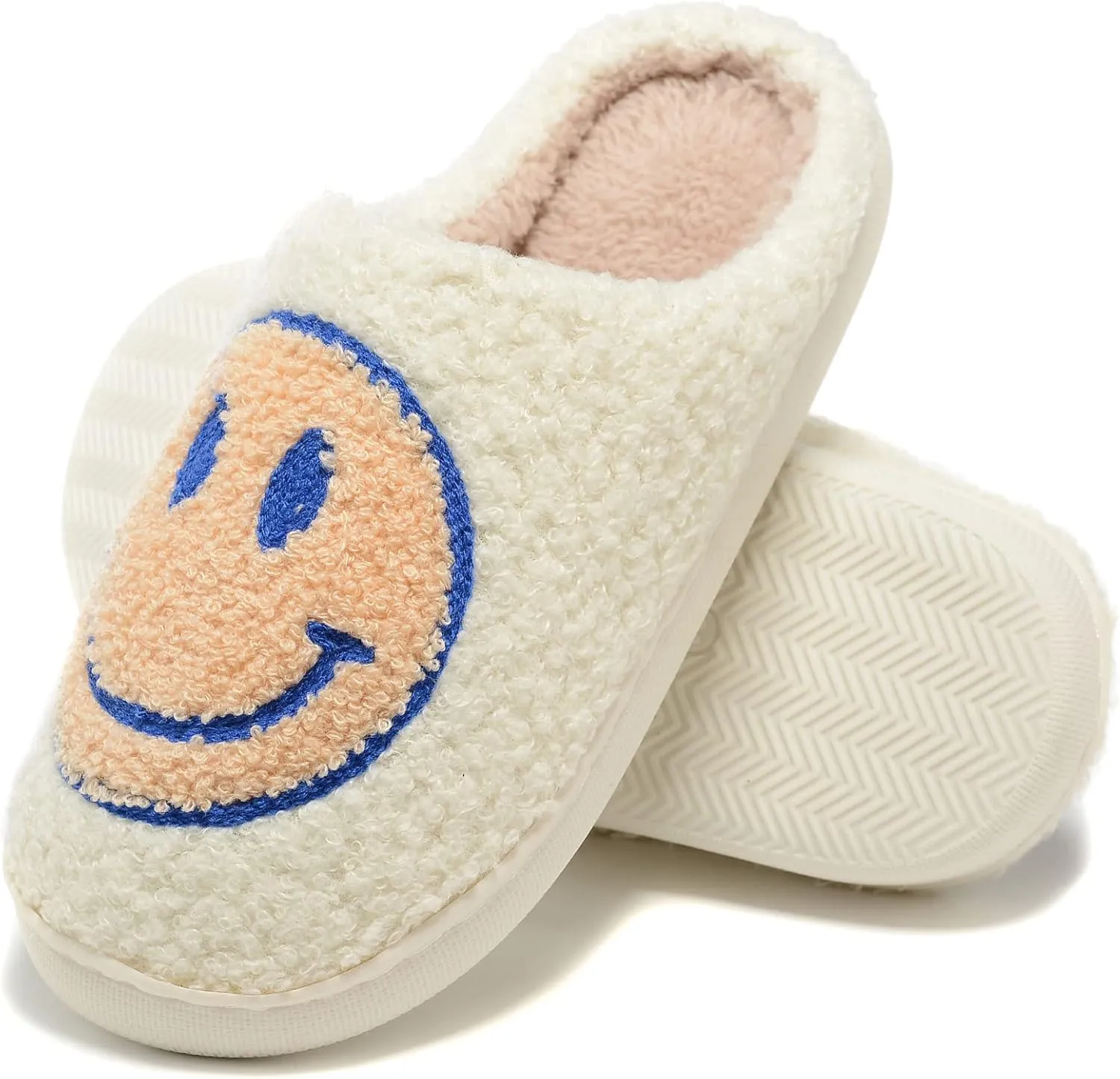 Retro Fuzzy Face Slippers for Women Men, Retro Soft Fluffy Warm Home Non-Slip Couple Style Casual Smile Face Slippers Indoor Outdoor Anti-Skid Warm Cozy Foam Slide Fuzzy Slides with Soft Memory Foam Shoes