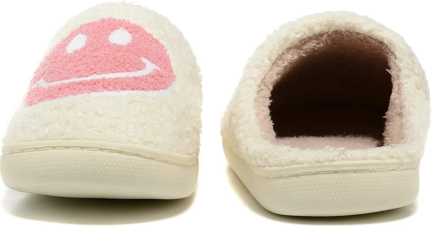 Retro Fuzzy Face Slippers for Women Men, Retro Soft Fluffy Warm Home Non-Slip Couple Style Casual Smile Face Slippers Indoor Outdoor Anti-Skid Warm Cozy Foam Slide Fuzzy Slides with Soft Memory Foam Shoes
