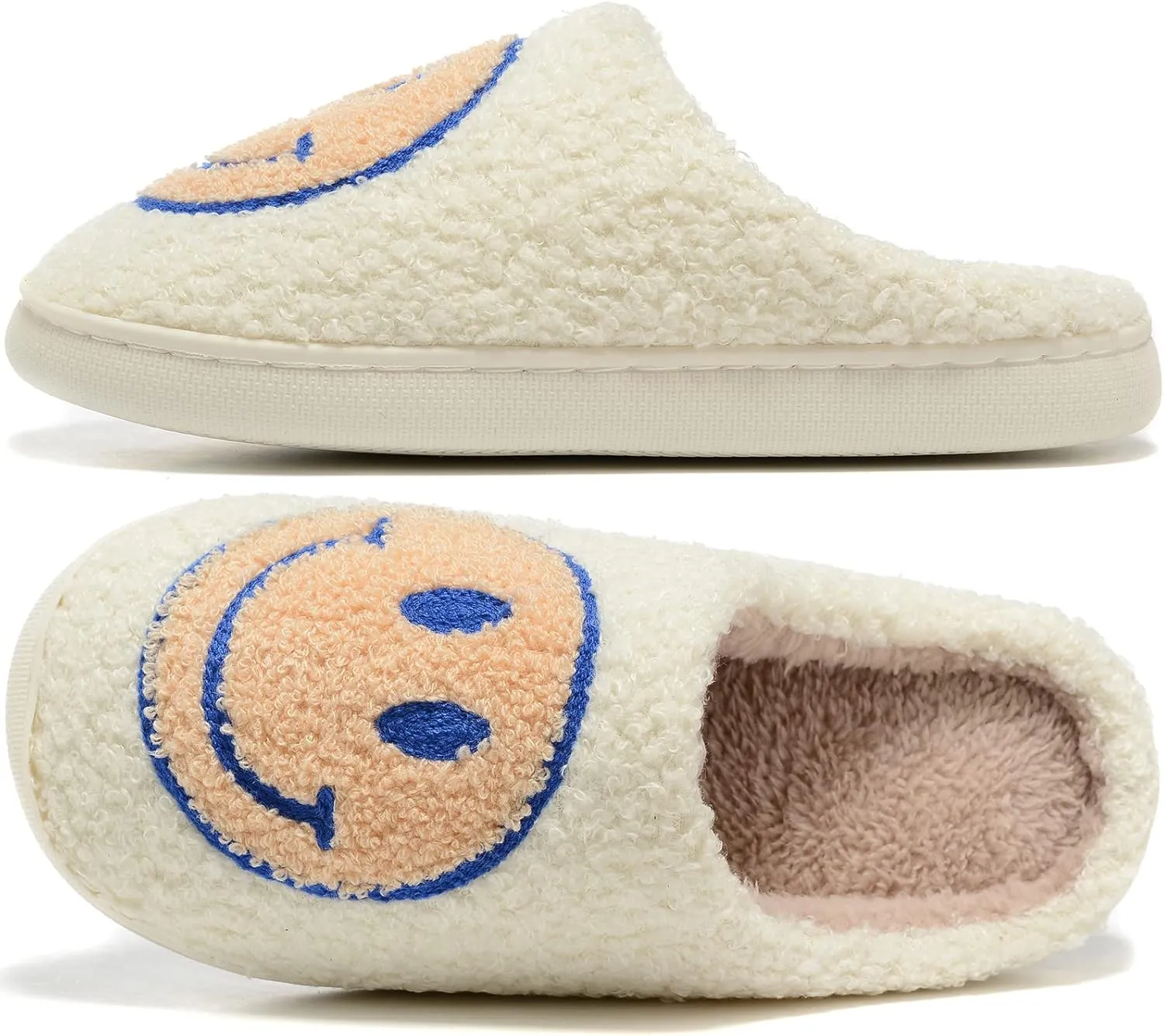 Retro Fuzzy Face Slippers for Women Men, Retro Soft Fluffy Warm Home Non-Slip Couple Style Casual Smile Face Slippers Indoor Outdoor Anti-Skid Warm Cozy Foam Slide Fuzzy Slides with Soft Memory Foam Shoes