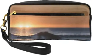Reusable Cosmetic Makeup Bag â€“ Last Sun Rays of Over The Sea Waves Print Leather Small Makeup Bag for Travel, Toiletry Organizer with Zipper