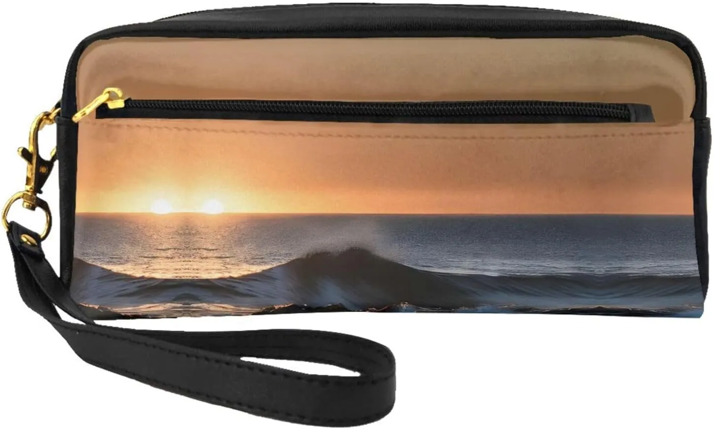 Reusable Cosmetic Makeup Bag â€“ Last Sun Rays of Over The Sea Waves Print Leather Small Makeup Bag for Travel, Toiletry Organizer with Zipper