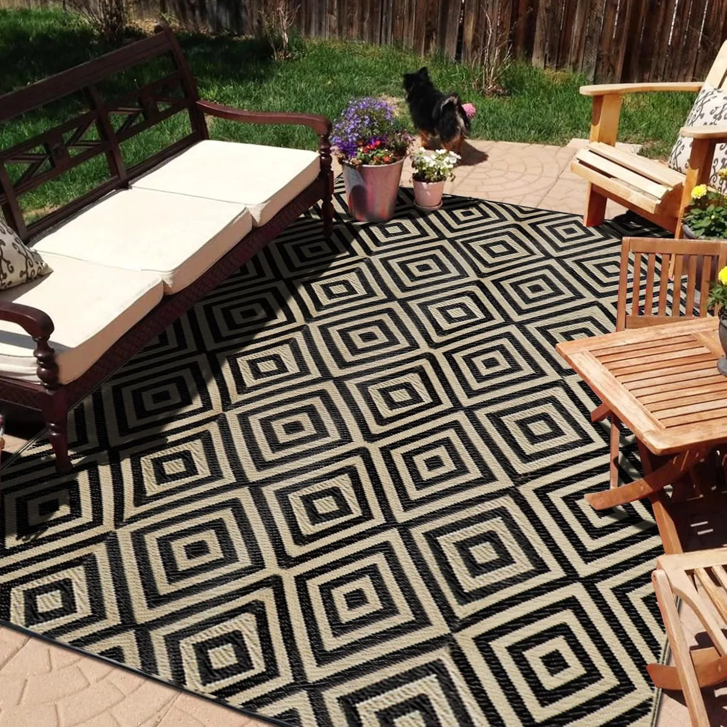 Reversible Floor Mats, Patio Plastic Straw Rug, Modern Area Rug for Outdoors, RV, Patio, Backyard, Deck, Picnic, Beach, Trailer, Camping (Diamond Black & Beige, 9' x 12')
