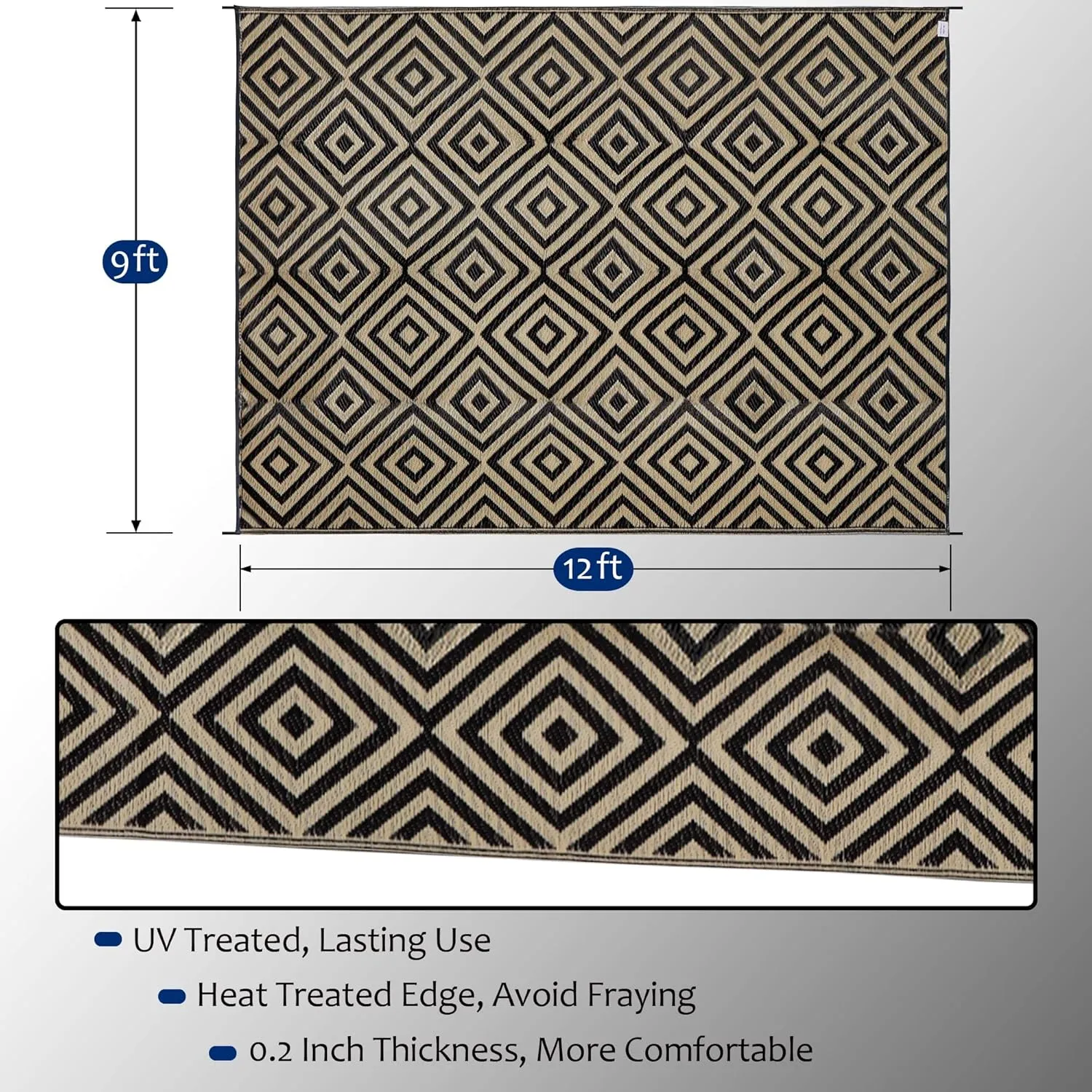 Reversible Floor Mats, Patio Plastic Straw Rug, Modern Area Rug for Outdoors, RV, Patio, Backyard, Deck, Picnic, Beach, Trailer, Camping (Diamond Black & Beige, 9' x 12')