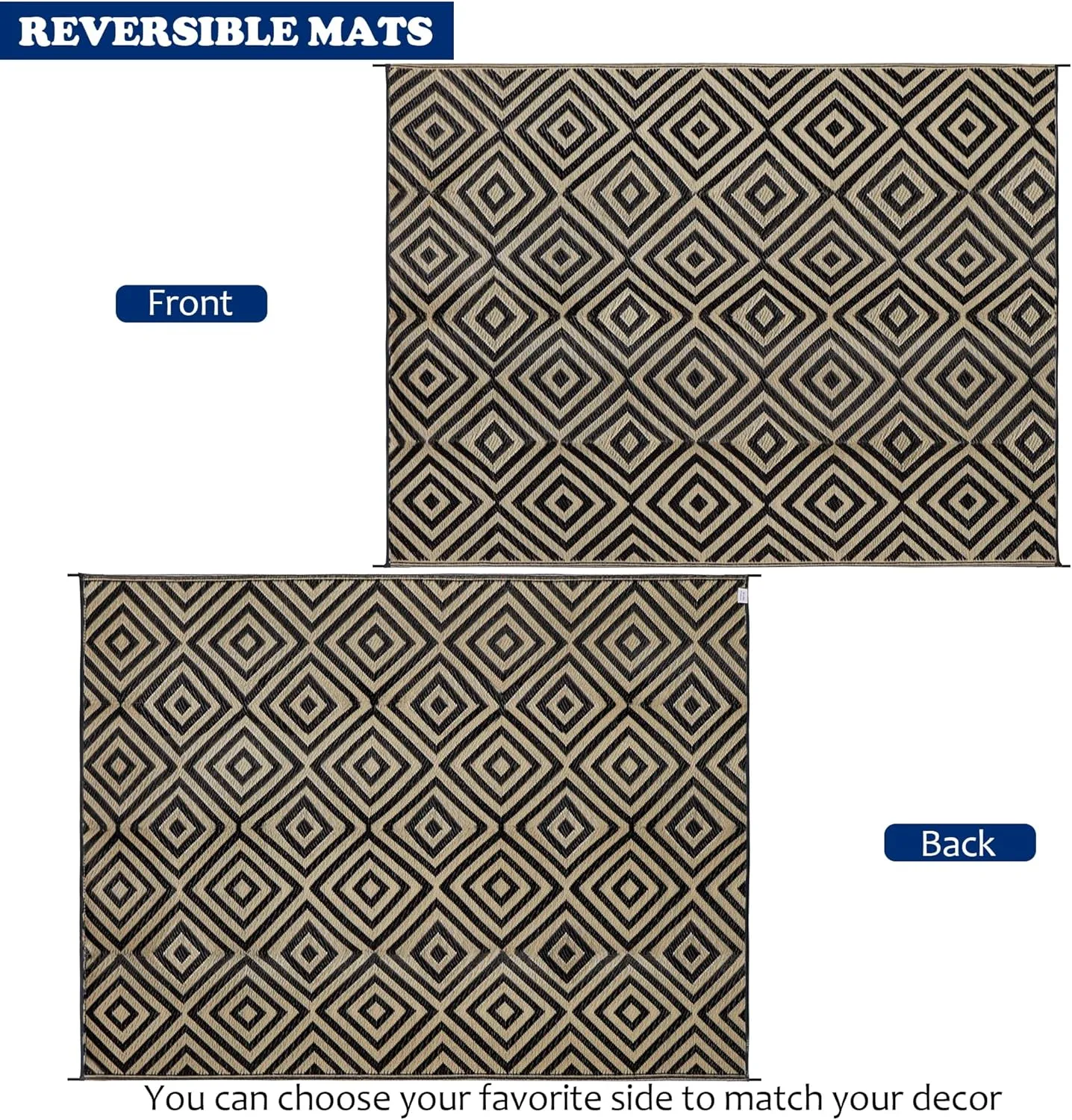 Reversible Floor Mats, Patio Plastic Straw Rug, Modern Area Rug for Outdoors, RV, Patio, Backyard, Deck, Picnic, Beach, Trailer, Camping (Diamond Black & Beige, 9' x 12')
