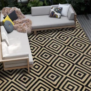 Reversible Floor Mats, Patio Plastic Straw Rug, Modern Area Rug for Outdoors, RV, Patio, Backyard, Deck, Picnic, Beach, Trailer, Camping (Diamond Black & Beige, 9' x 12')