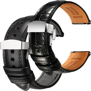 REZERO Luxury Alligator Grain Leather and Tuscan, Italy Full Grain Leather Watch Straps Bundle - Black & Deployant Clasp, 20mm
