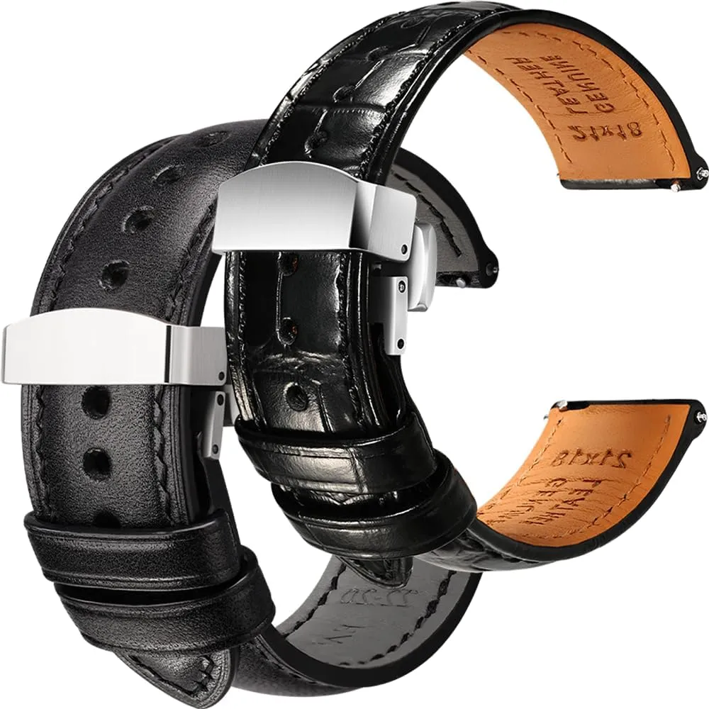REZERO Luxury Alligator Grain Leather and Tuscan, Italy Full Grain Leather Watch Straps Bundle - Black & Deployant Clasp, 20mm