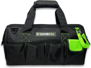 Rhino USA Tool Bag (18-Inch) Heavy Duty Wide Mouth Tool Tote with Zipper for Men - Large Tools Bags with Extra Side Storage Pockets, Reinforced Shoulder Strap & Upgraded Metal Clips (Black)