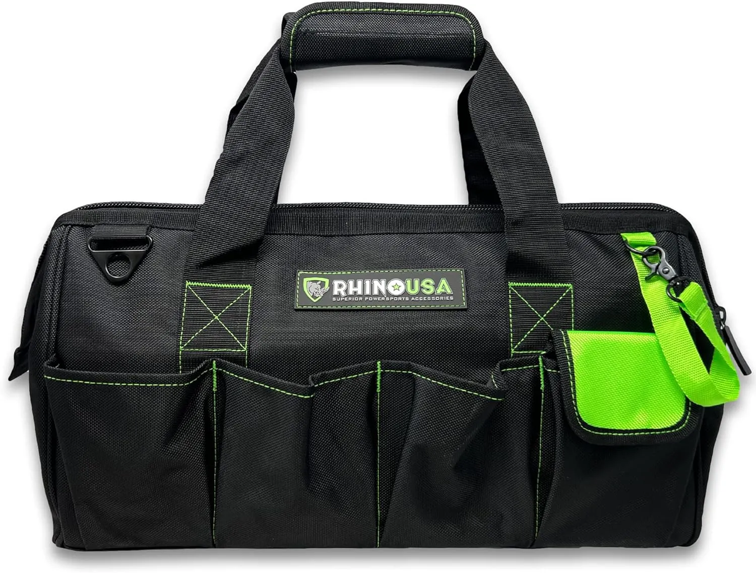 Rhino USA Tool Bag (18-Inch) Heavy Duty Wide Mouth Tool Tote with Zipper for Men - Large Tools Bags with Extra Side Storage Pockets, Reinforced Shoulder Strap & Upgraded Metal Clips (Black)