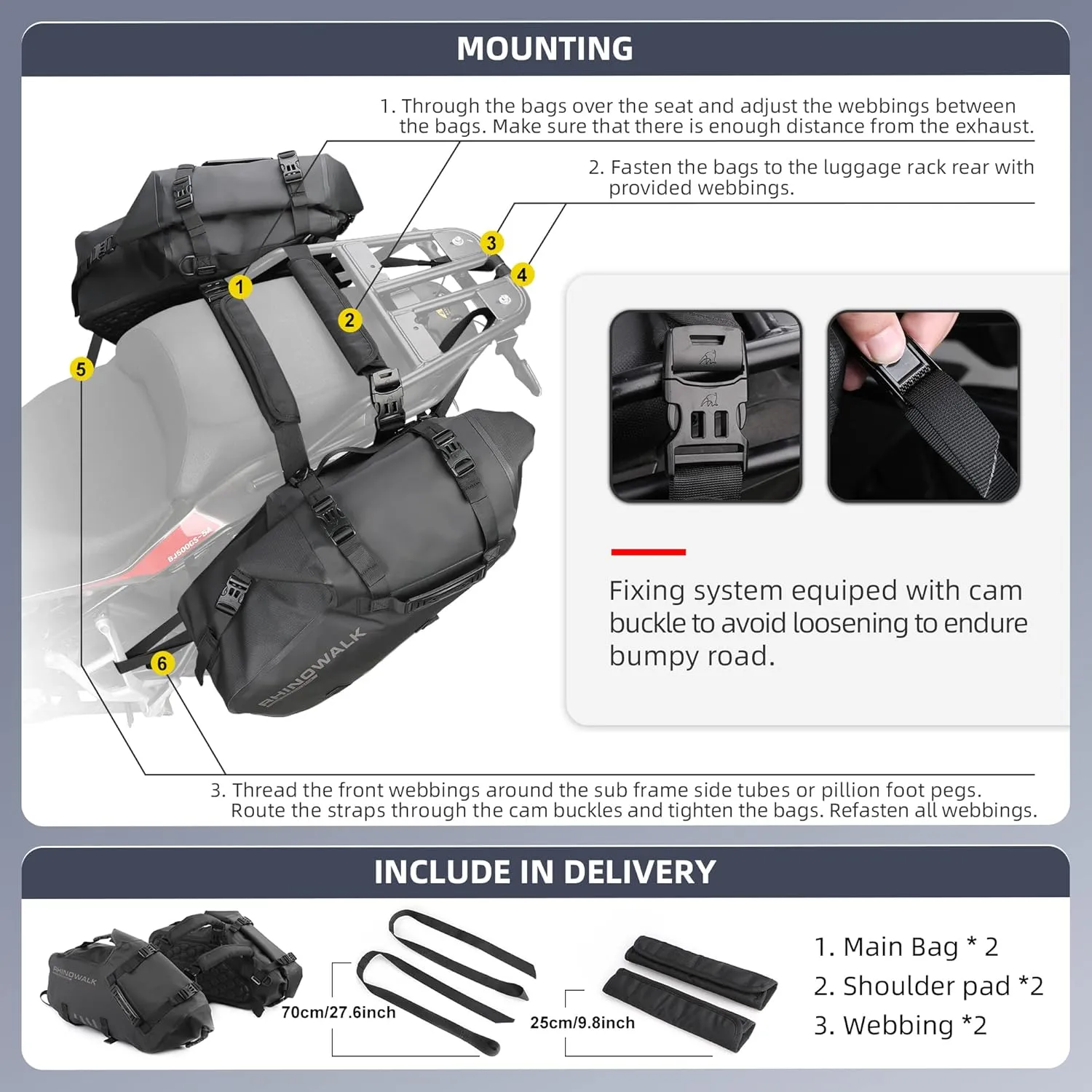 Rhinowalk Motorcycle Saddle bags, Waterproof motorcycle saddlebags, shoulder bag 18L(9L*2), for most Adventure and Sport Motorcycle Racks, 1 Pair