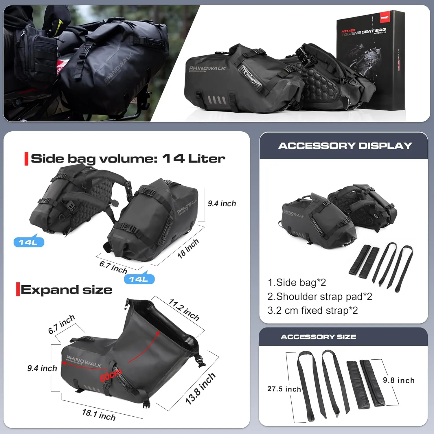 Rhinowalk Motorcycle Saddle bags, Waterproof motorcycle saddlebags, shoulder bag 18L(9L*2), for most Adventure and Sport Motorcycle Racks, 1 Pair
