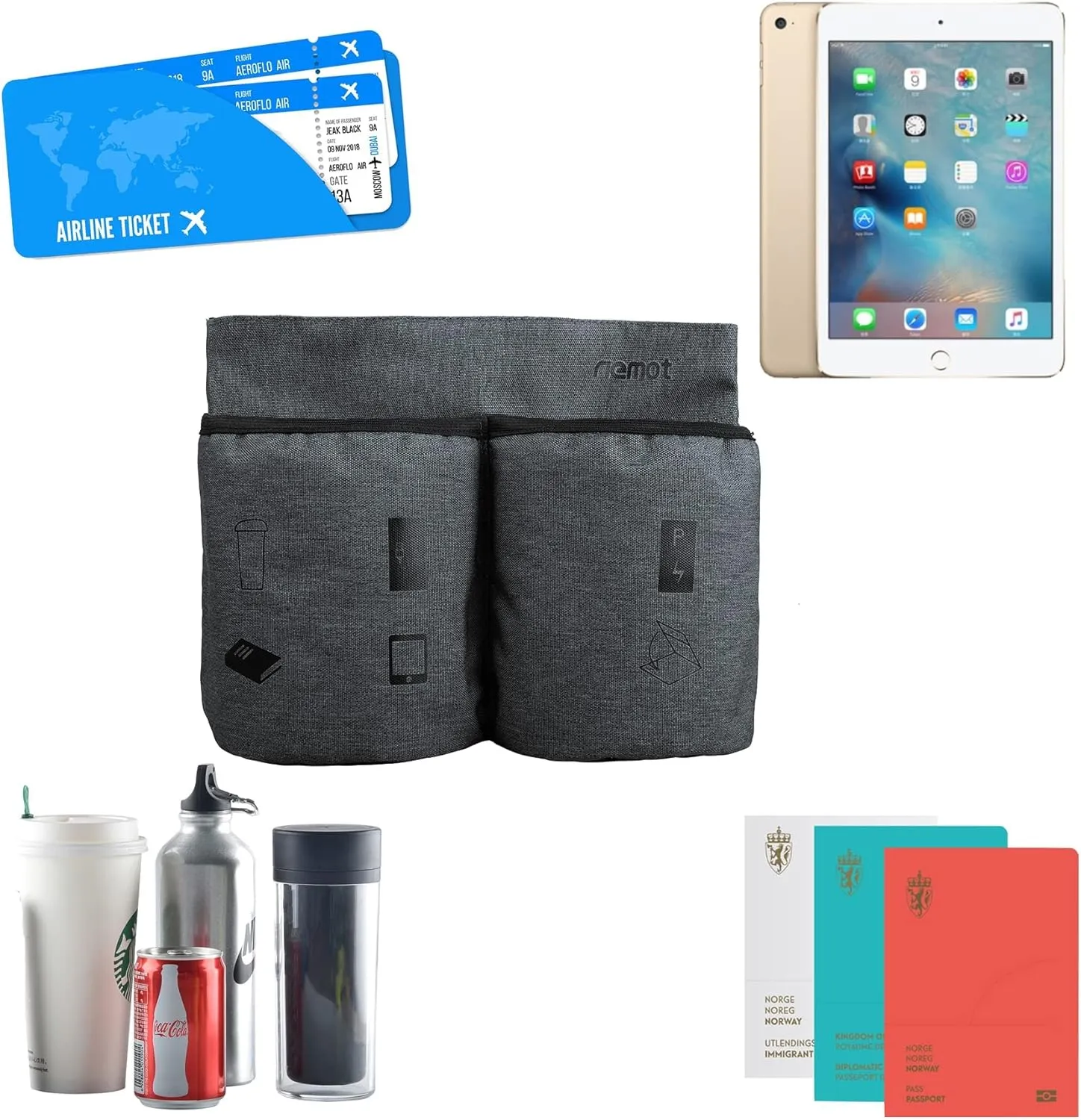 riemot Luggage Travel Cup Tablet Holder - Hold Books Passports Tickets Water Bottles - Fits Roll on Suitcase Handles - Gifts for Flight Attendants Travelers Accessories Grey