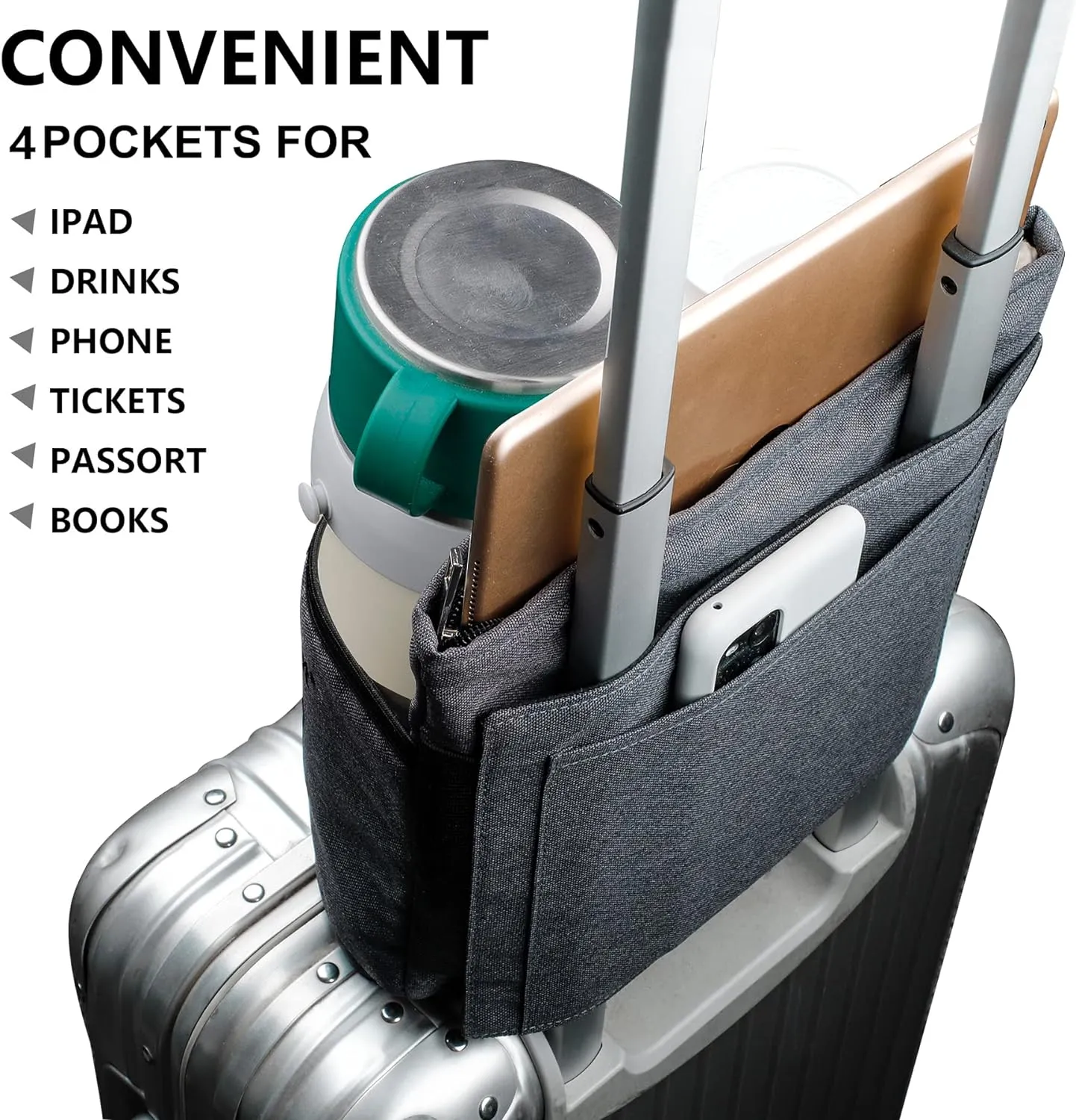 riemot Luggage Travel Cup Tablet Holder - Hold Books Passports Tickets Water Bottles - Fits Roll on Suitcase Handles - Gifts for Flight Attendants Travelers Accessories Grey