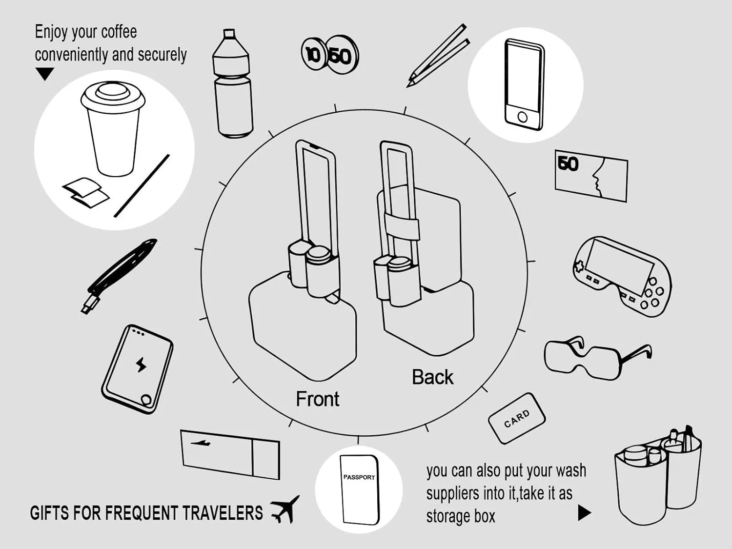 riemot Luggage Travel Cup Tablet Holder - Hold Books Passports Tickets Water Bottles - Fits Roll on Suitcase Handles - Gifts for Flight Attendants Travelers Accessories Grey