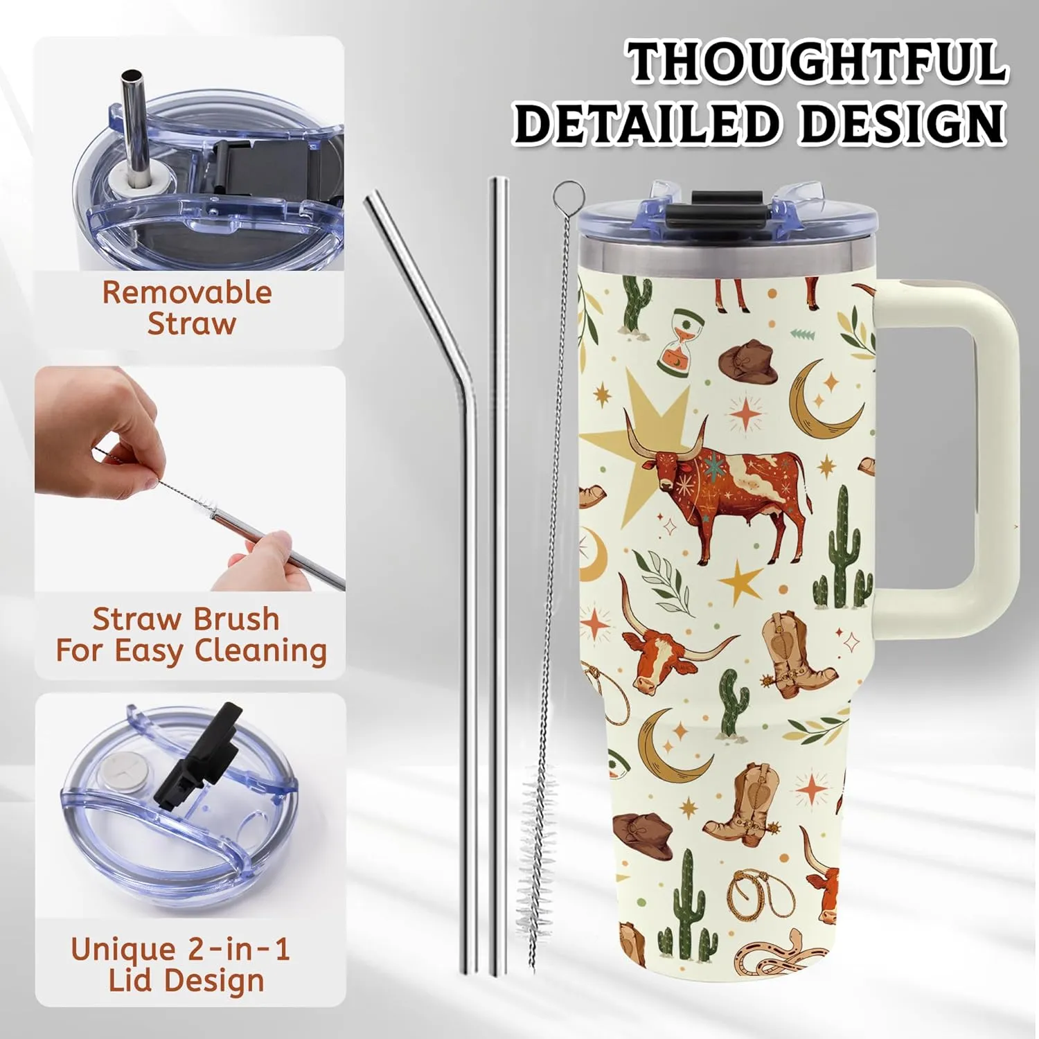 Rodeo Tumbler Gifts for Men, 40oz Cowgirl Western Tumbler with Handle for Women, Reusable Durable for Gym or Outdoors, Birthday Christmas Thanksgiving Day Gifts for Friends