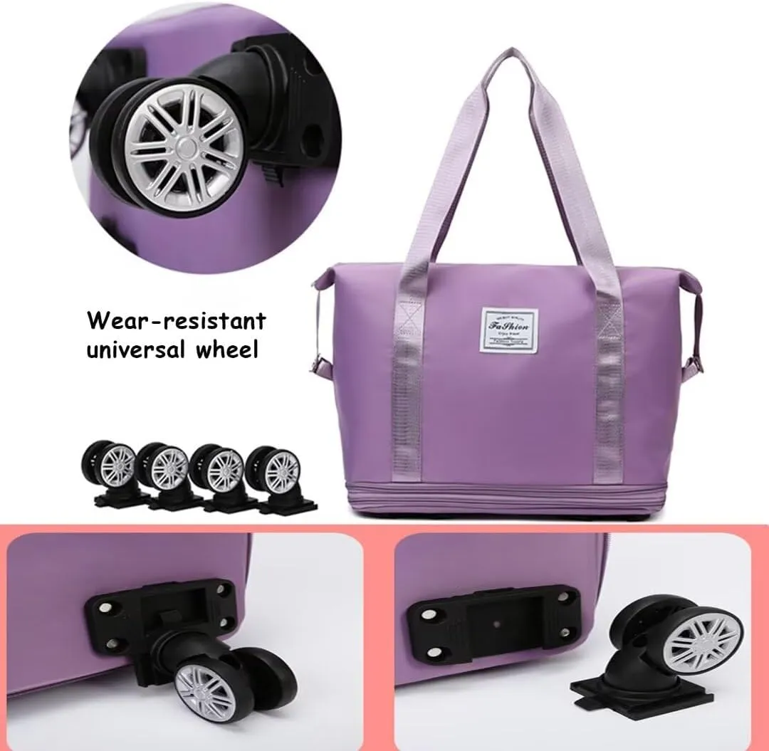 Rolling Duffel Bag with Wheels, Large Capacity Foldable Travel Bag with Detachable Wheels, Rolling Luggage Carry On Bag Foldable Expandable Duffel Bag for Travel or Business Trip(Dark Purple)