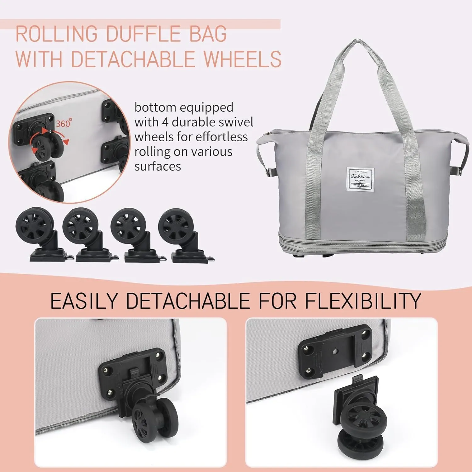 Rolling Duffle Bag with Wheels, Expandable Foldable Duffle Bag with Wheels and Handle for Travel, Rolling Luggage bag Carry on Duffel Bag, Wheeled Travel Duffle Bag, Large Weekend Bag, Grey, L, Wheels