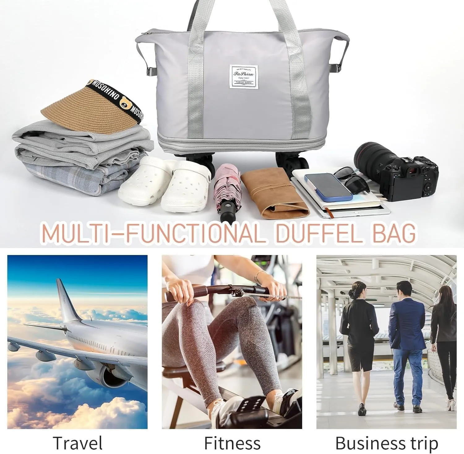 Rolling Duffle Bag with Wheels, Expandable Foldable Duffle Bag with Wheels and Handle for Travel, Rolling Luggage bag Carry on Duffel Bag, Wheeled Travel Duffle Bag, Large Weekend Bag, Grey, L, Wheels