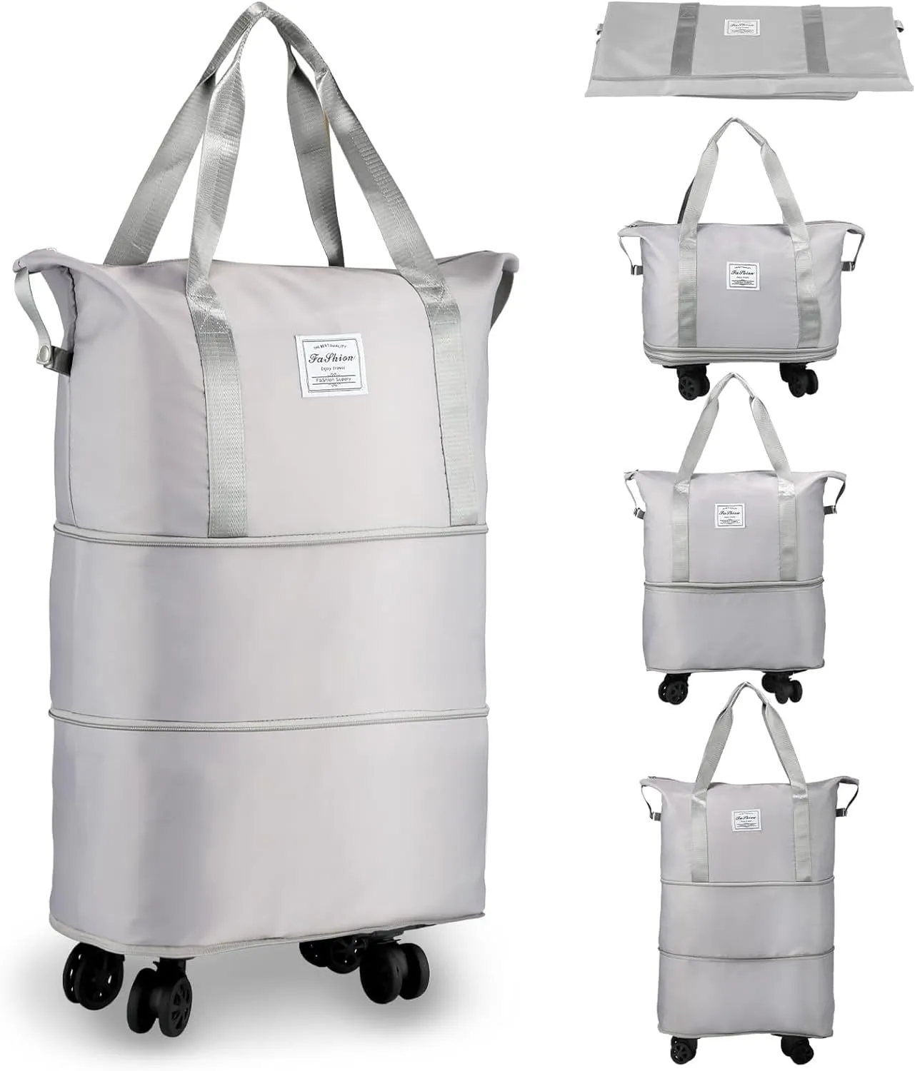 Rolling Duffle Bag with Wheels, Expandable Foldable Duffle Bag with Wheels and Handle for Travel, Rolling Luggage bag Carry on Duffel Bag, Wheeled Travel Duffle Bag, Large Weekend Bag, Grey, L, Wheels