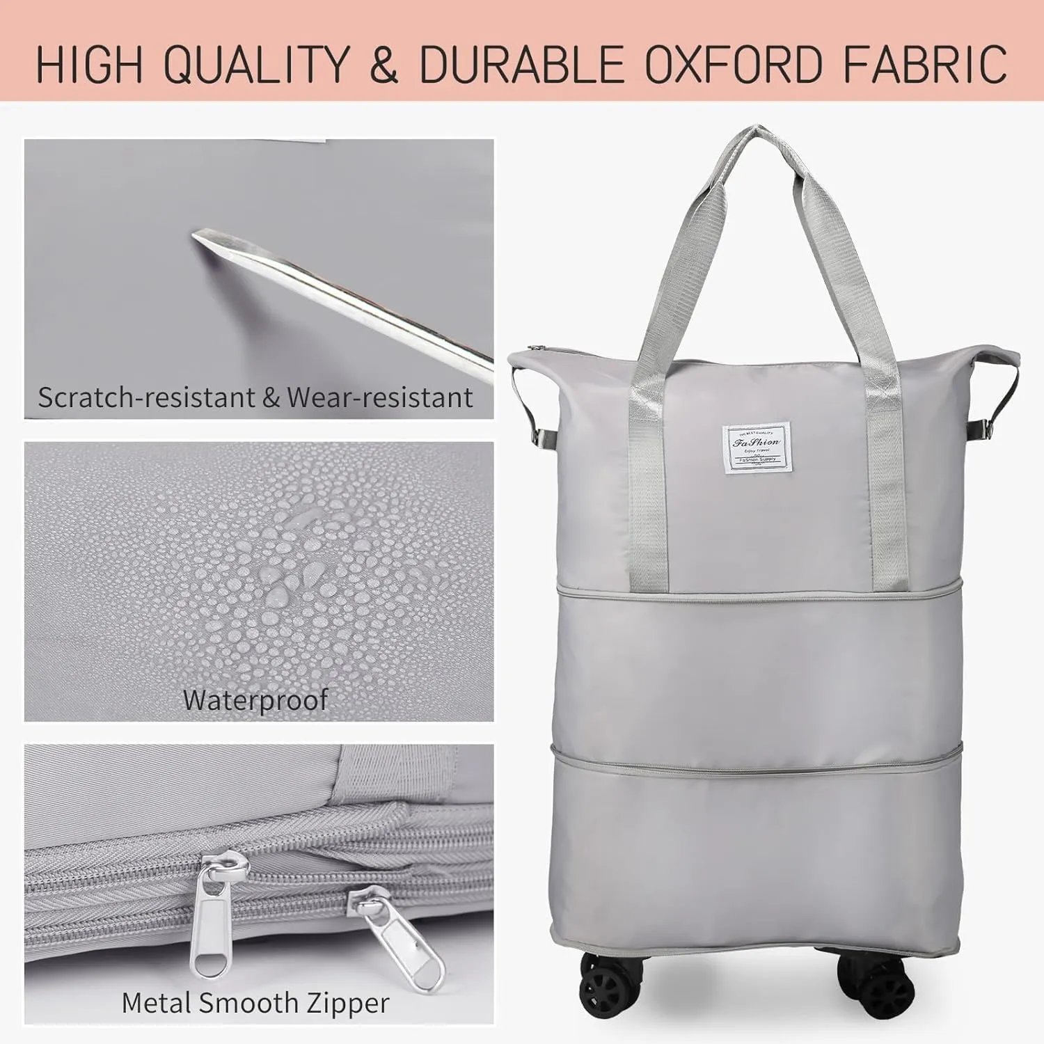 Rolling Duffle Bag with Wheels, Expandable Foldable Duffle Bag with Wheels and Handle for Travel, Rolling Luggage bag Carry on Duffel Bag, Wheeled Travel Duffle Bag, Large Weekend Bag, Grey, L, Wheels