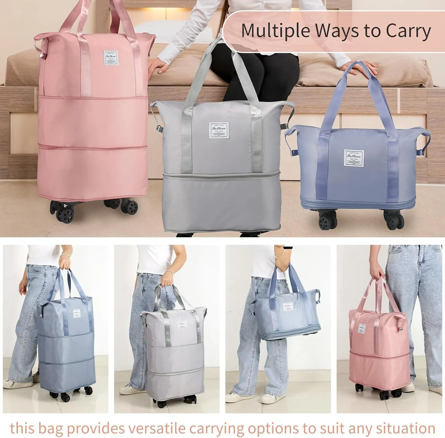 Rolling Duffle Bag with Wheels, Expandable Foldable Duffle Bag with Wheels and Handle for Travel, Rolling Luggage bag Carry on Duffel Bag, Wheeled Travel Duffle Bag, Large Weekend Bag, Grey, L, Wheels