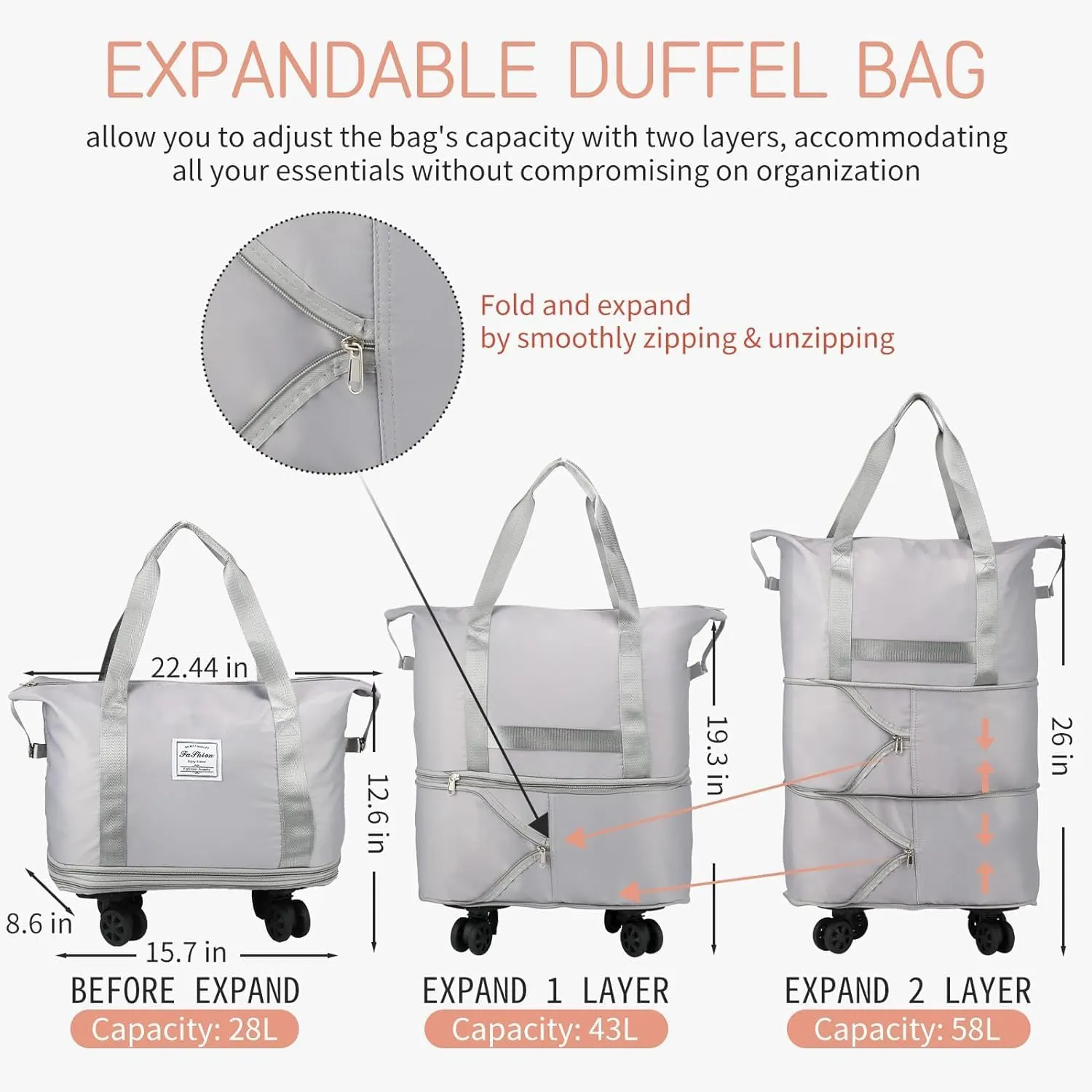 Rolling Duffle Bag with Wheels, Expandable Foldable Duffle Bag with Wheels and Handle for Travel, Rolling Luggage bag Carry on Duffel Bag, Wheeled Travel Duffle Bag, Large Weekend Bag, Grey, L, Wheels