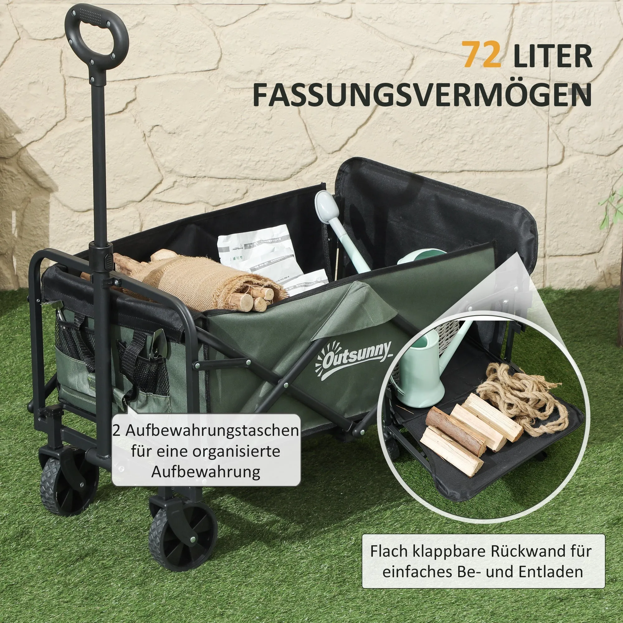 Rootz Foldable Garden Car - Transport Wagon - Beach Cart - 90kg Capacity - 114cm x 46cm x 65-92cm