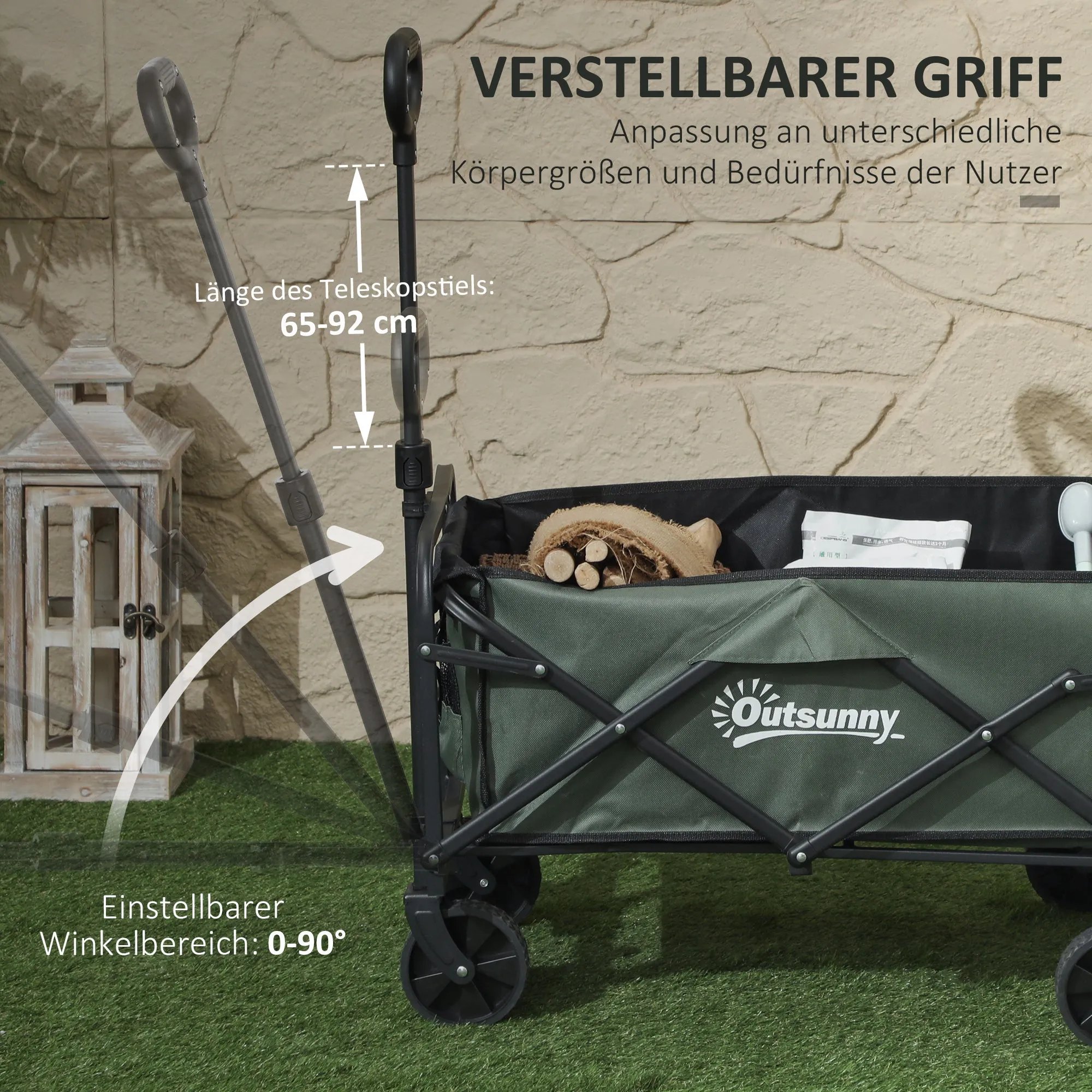 Rootz Foldable Garden Car - Transport Wagon - Beach Cart - 90kg Capacity - 114cm x 46cm x 65-92cm
