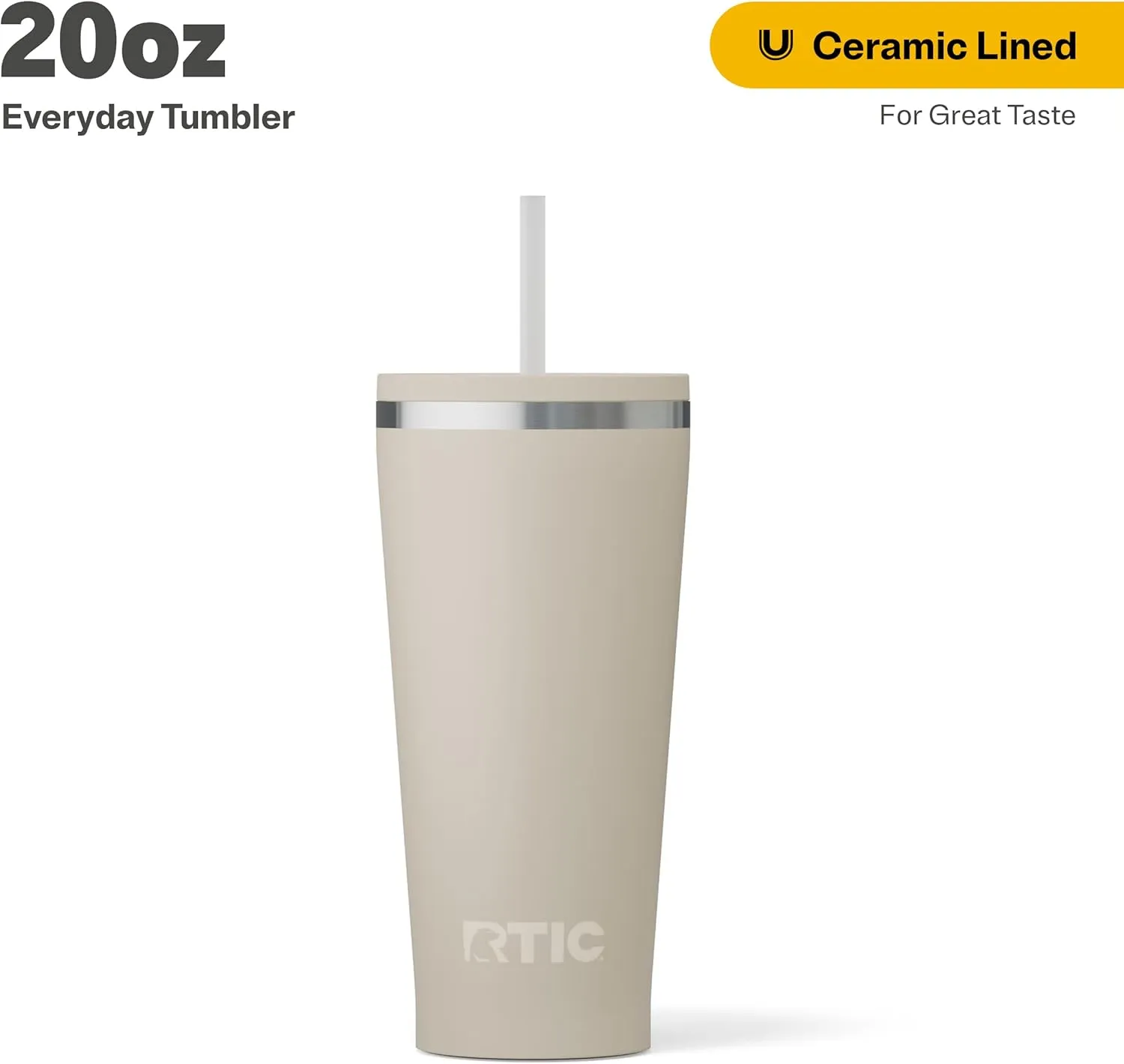 RTIC 20oz Everyday Tumbler Insulated Stainless Steel Portable Travel Coffee Cup with Straw, Spill-Resistant Lid, BPA-Free, Hot and Cold Drink, Ceramic Lining, Beach
