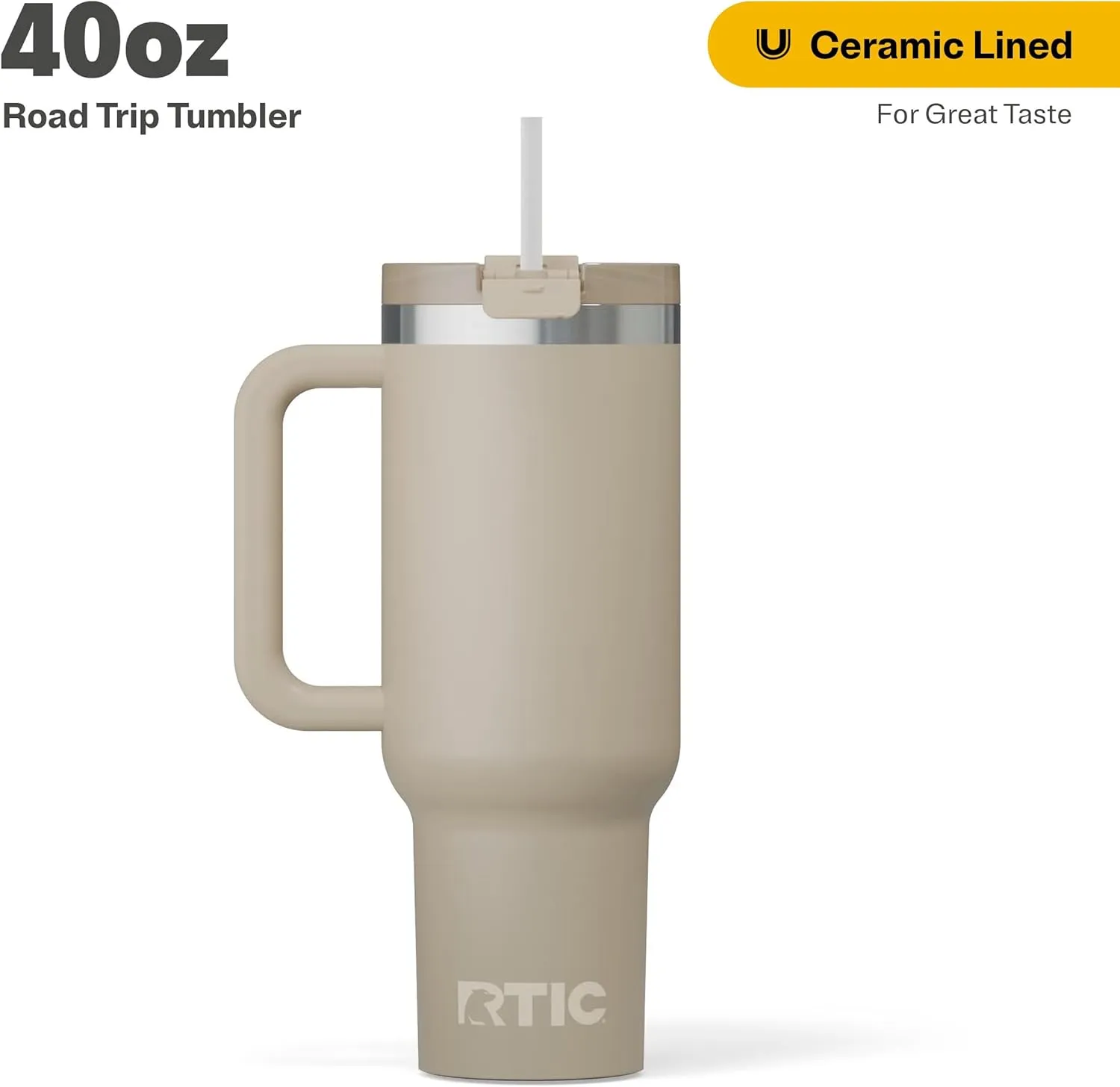 RTIC 40 oz Road Trip Tumbler Double-Walled Insulated Stainless Steel Portable Travel Coffee Mug Cup with Lid, Handle and Straw, Beach