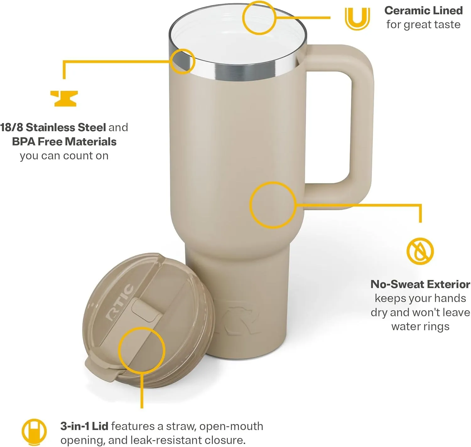 RTIC 40 oz Road Trip Tumbler Double-Walled Insulated Stainless Steel Portable Travel Coffee Mug Cup with Lid, Handle and Straw, Beach