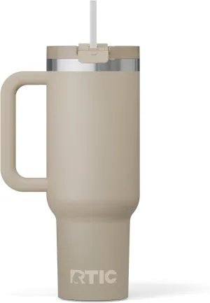 RTIC 40 oz Road Trip Tumbler Double-Walled Insulated Stainless Steel Portable Travel Coffee Mug Cup with Lid, Handle and Straw, Beach