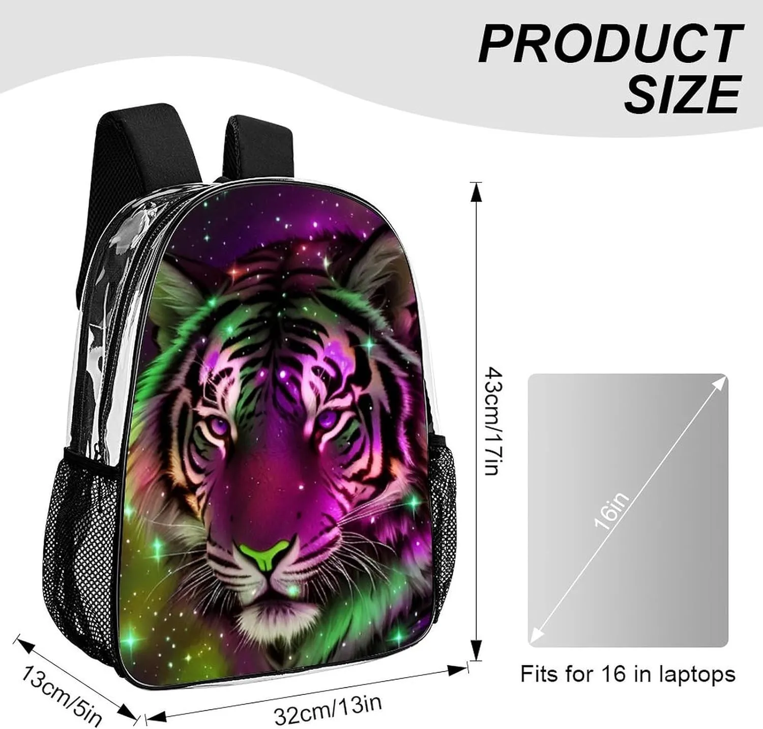 Rucksack Multipurpose Anti-Theft Big Capacity Shoulder Bag - Mystic Fantasy Galaxy Sky Fantasy Wild Animals Tiger Art Travel Hiking & Camping Rucksack Transparent Bag
