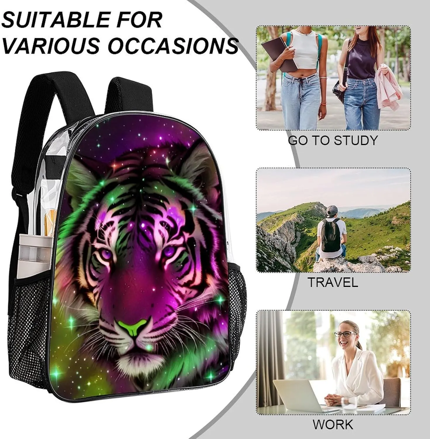 Rucksack Multipurpose Anti-Theft Big Capacity Shoulder Bag - Mystic Fantasy Galaxy Sky Fantasy Wild Animals Tiger Art Travel Hiking & Camping Rucksack Transparent Bag