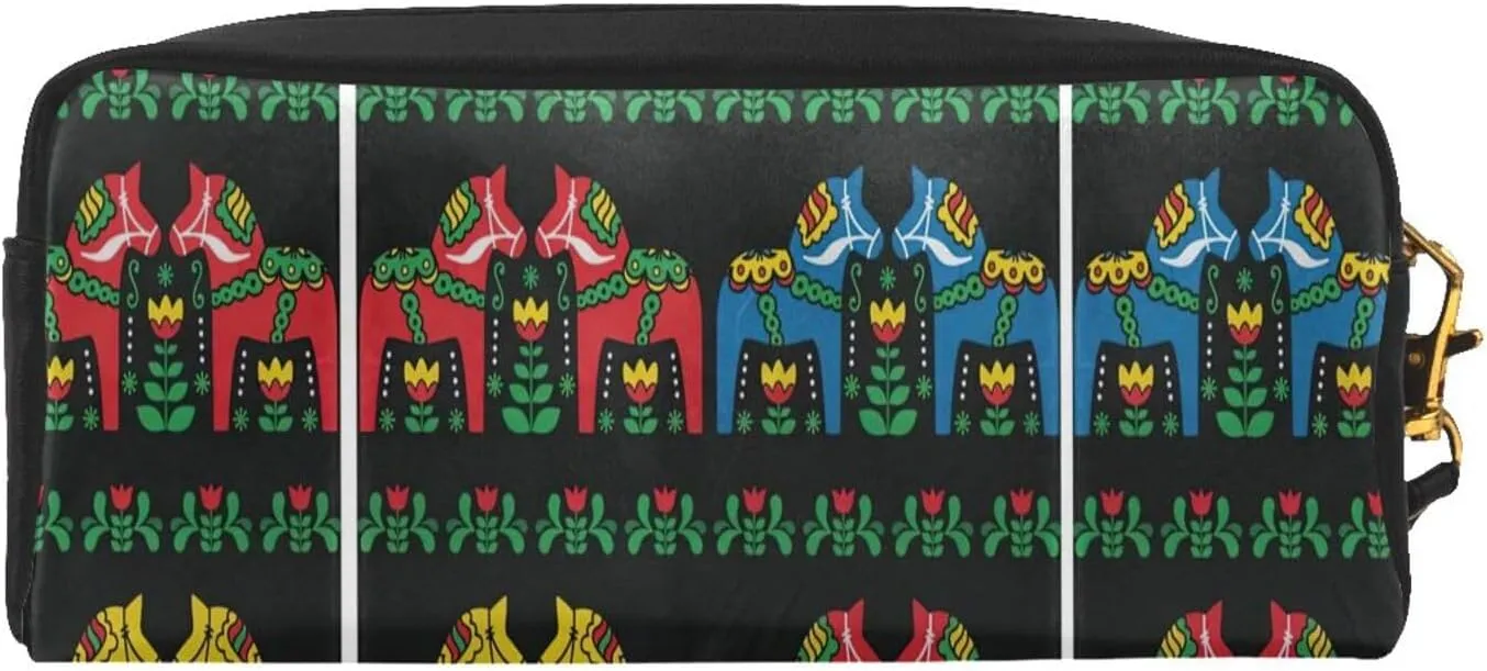 Runner Swedish Dala Horse Folk Print Portable Makeup Bag,Travel-Friendly Design,Versatile Mini Makeup Pouchtion